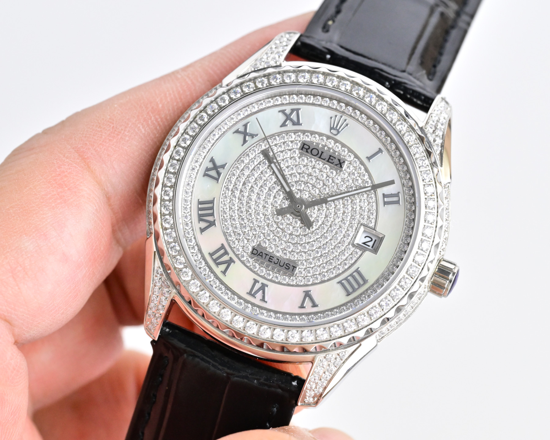 Rolex Datejust Silver diamond-set case and bezel, silver diamond dial, black leather strap 40mm Men's Automatic