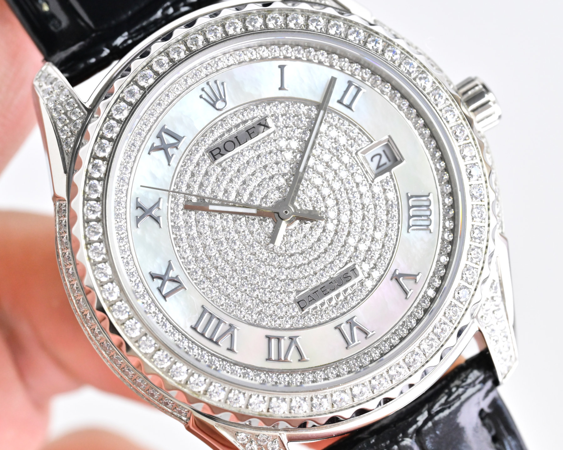 Rolex Datejust Silver diamond-set case and bezel, silver diamond dial, black leather strap 40mm Men's Automatic