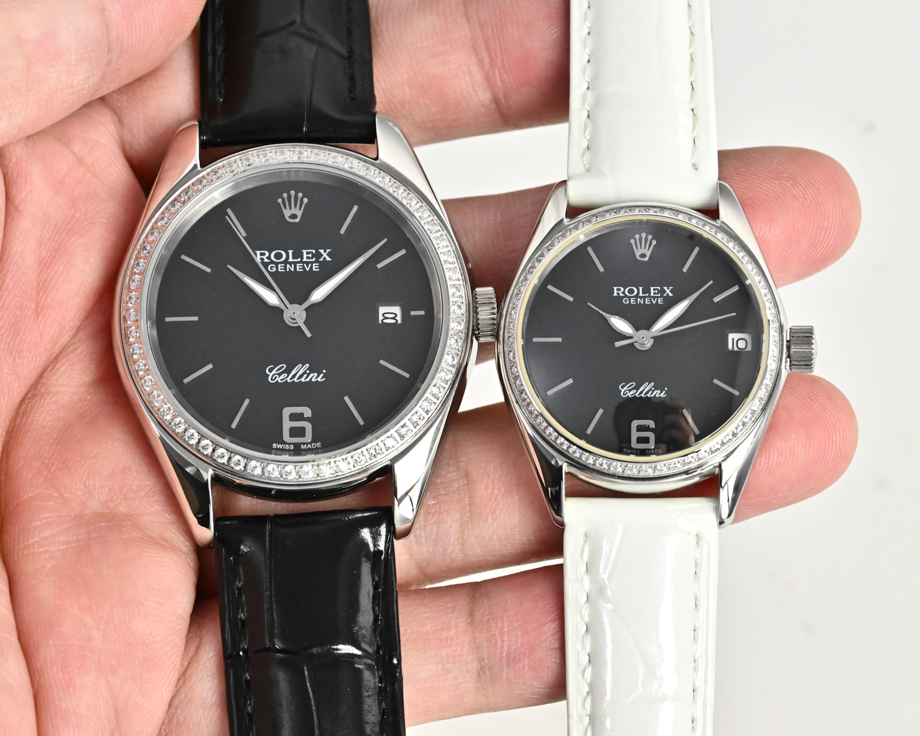 Rolex Cellini Couple Watch Silver case, diamond bezel, white dial, black and white leather straps 39mm Unisex Automatic