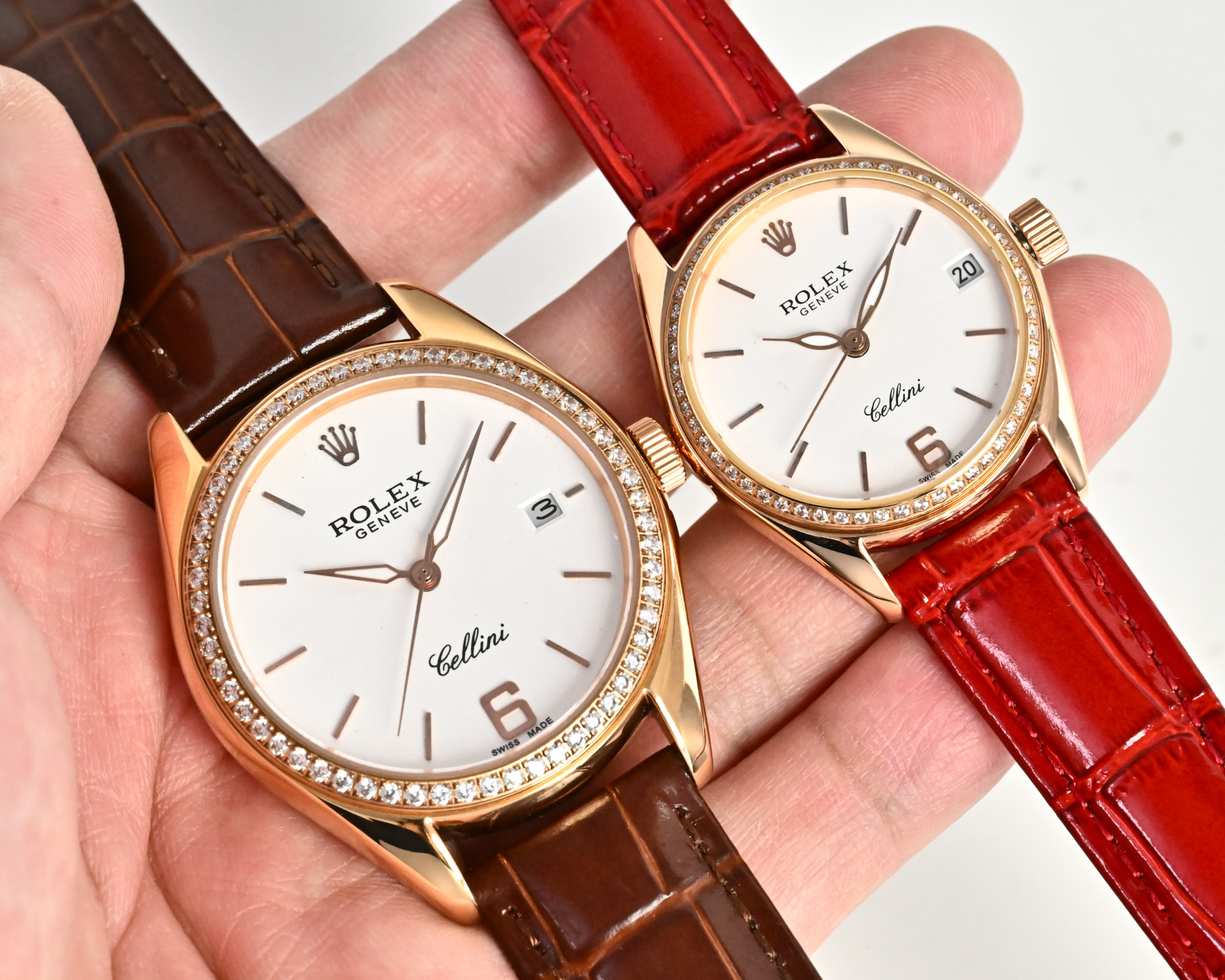 Rolex Cellini Couple Watch Silver case, diamond bezel, white dial, black and white leather straps 39mm Unisex Automatic