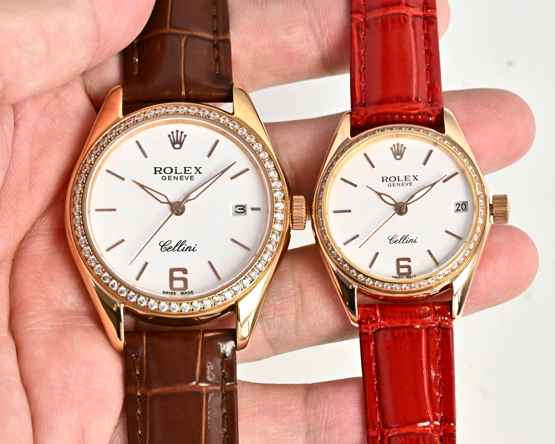 Rolex Cellini Couple Watch Silver case, diamond bezel, white dial, black and white leather straps 39mm Unisex Automatic