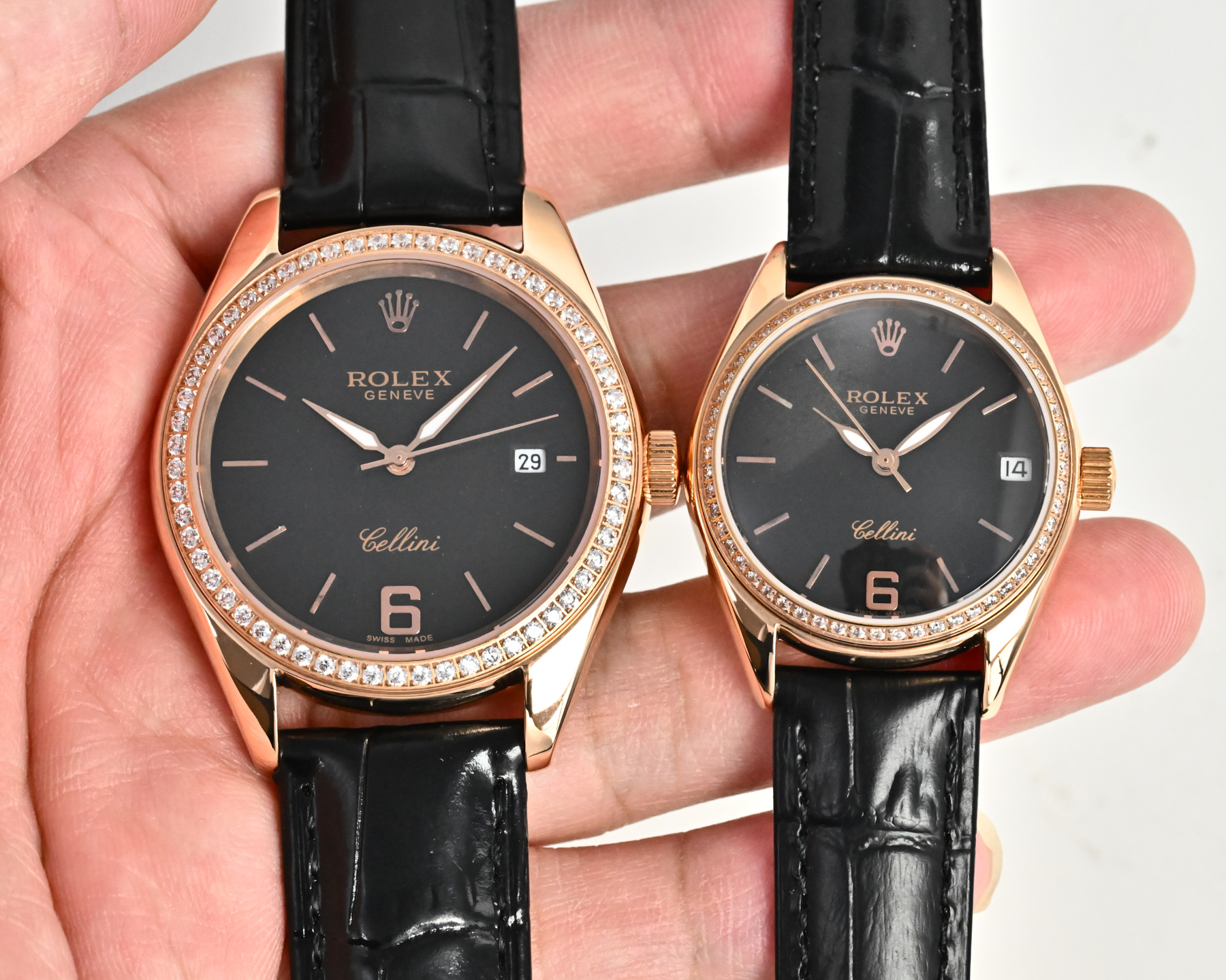 Rolex Cellini Couple Watch Silver case, diamond bezel, white dial, black and white leather straps 39mm Unisex Automatic