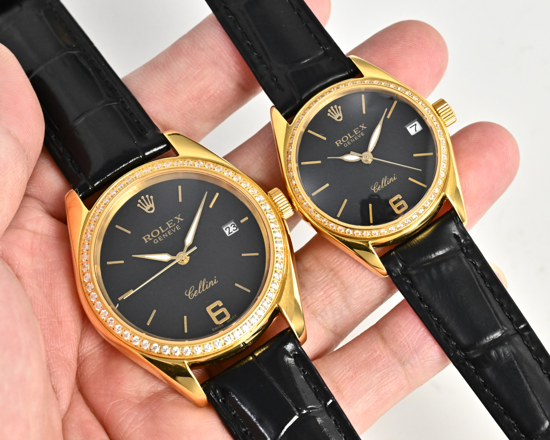 Rolex Cellini yellow gold case, diamond bezel, white dial, brown / pink leather strap 39mm Men's Automatic