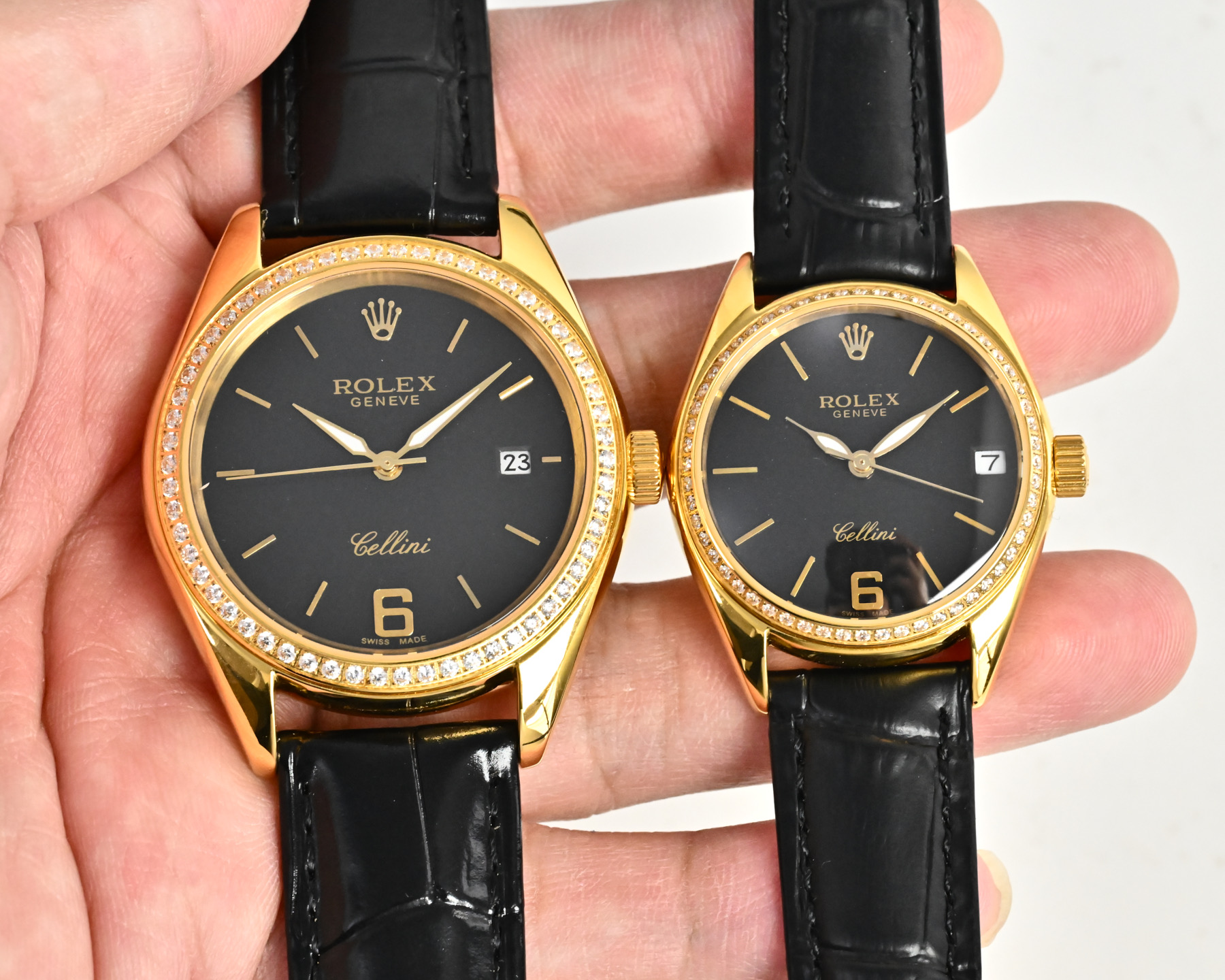 Rolex Cellini yellow gold case, diamond bezel, white dial, brown / pink leather strap 39mm Men's Automatic