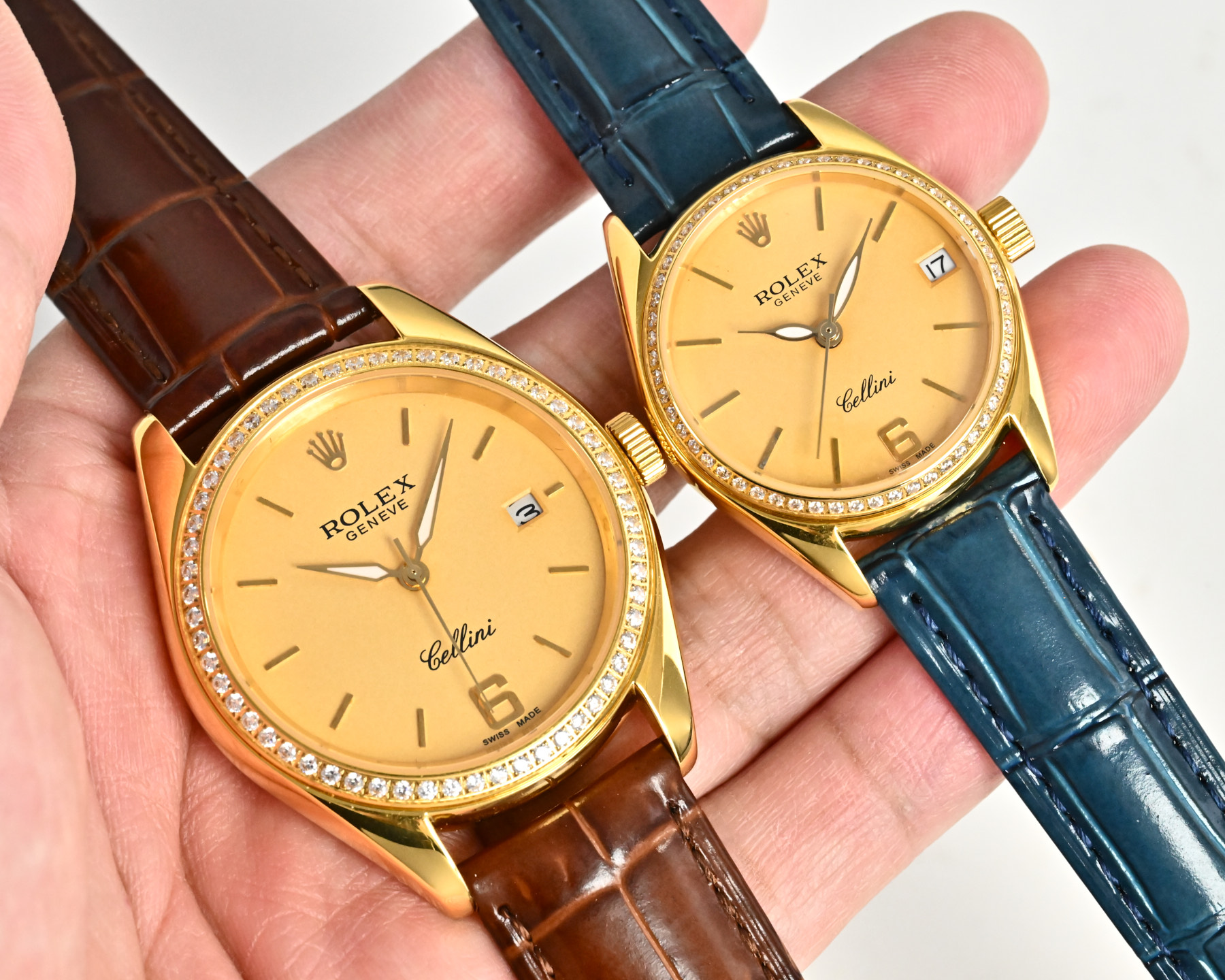 Rolex Cellini yellow gold case, diamond bezel, white dial, brown / pink leather strap 39mm Men's Automatic
