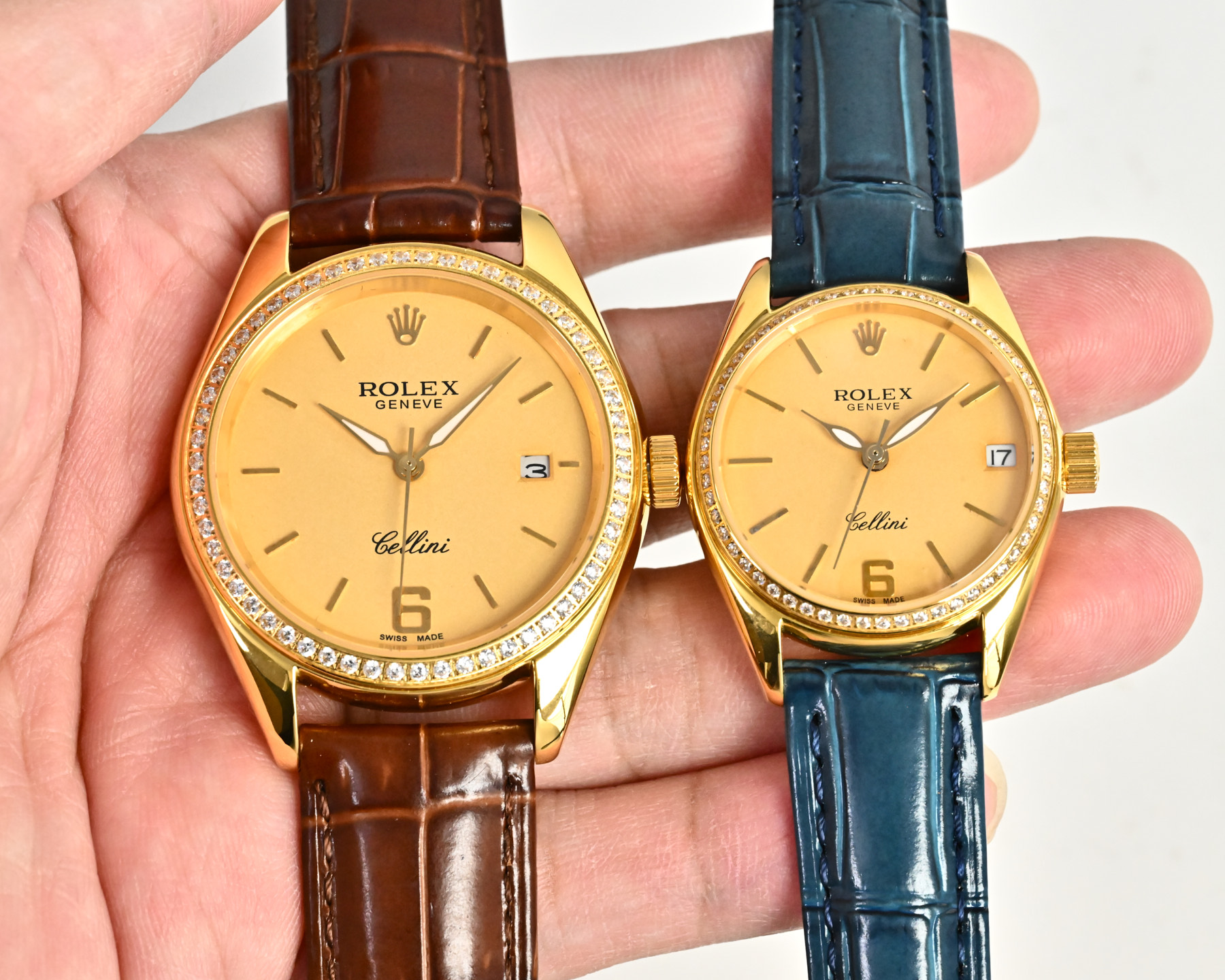Rolex Cellini yellow gold case, diamond bezel, white dial, brown / pink leather strap 39mm Men's Automatic