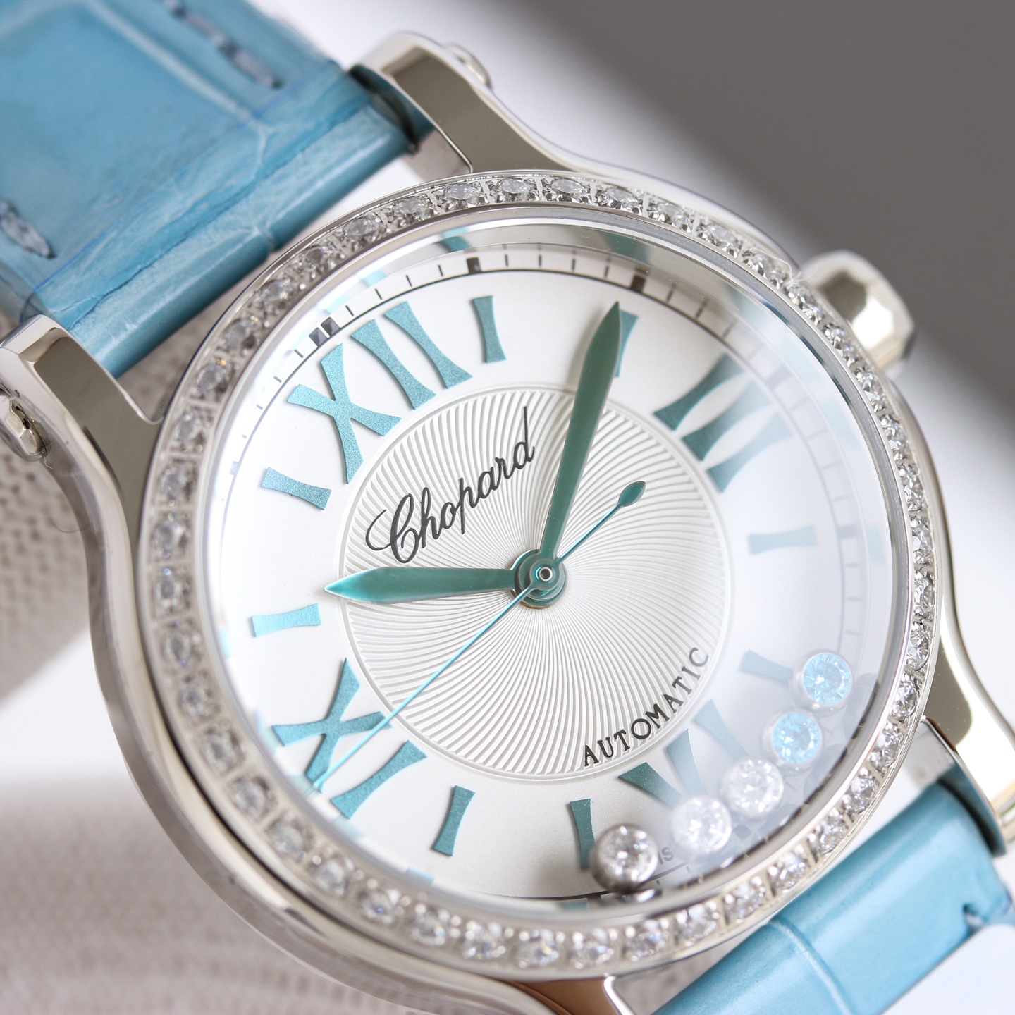 Chopard Happy Sport 278608-3009 Steel case, diamond bezel, silver dial, blue leather strap 36mm Women's Automatic