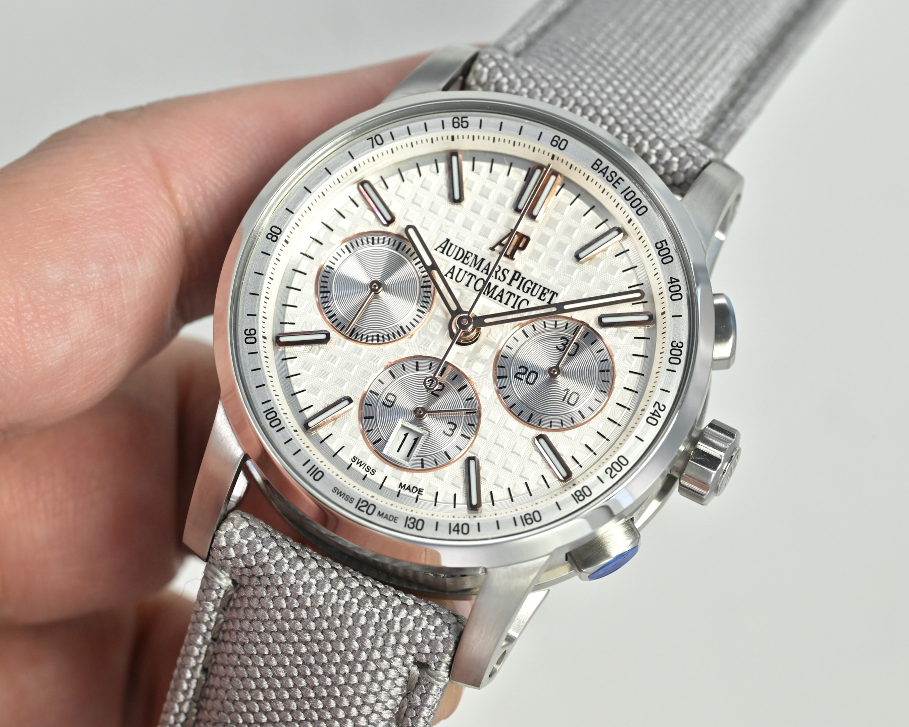 Audemars Piguet Royal Oak Offshore Chronograph 26048 stainless steel case, silver bezel, white dial, gray fabric strap 37mm Women's Automatic