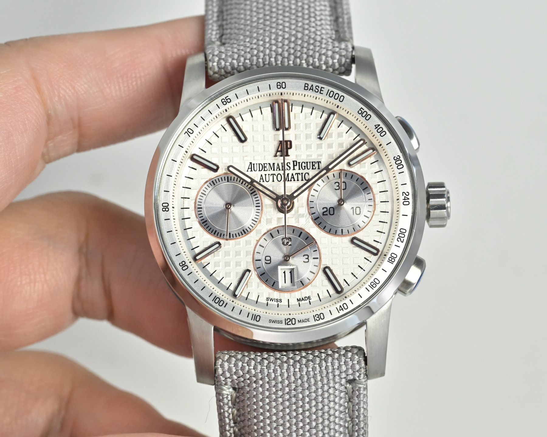 Audemars Piguet Royal Oak Offshore Chronograph 26048 stainless steel case silver bezel white dial gray fabric strap 37mm Women s Automatic | BUY WATCHES USA luxury watches