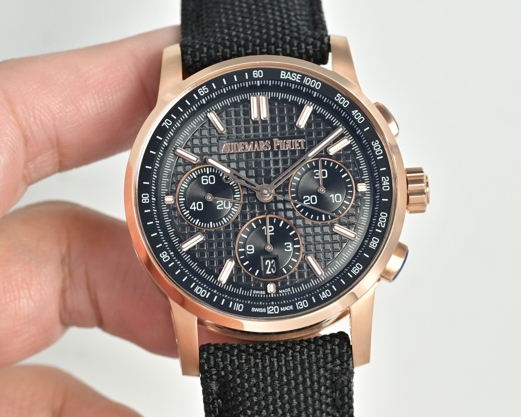 Audemars Piguet Royal Oak Offshore Chronograph 26048 stainless steel case, silver bezel, white dial, gray fabric strap 37mm Women's Automatic