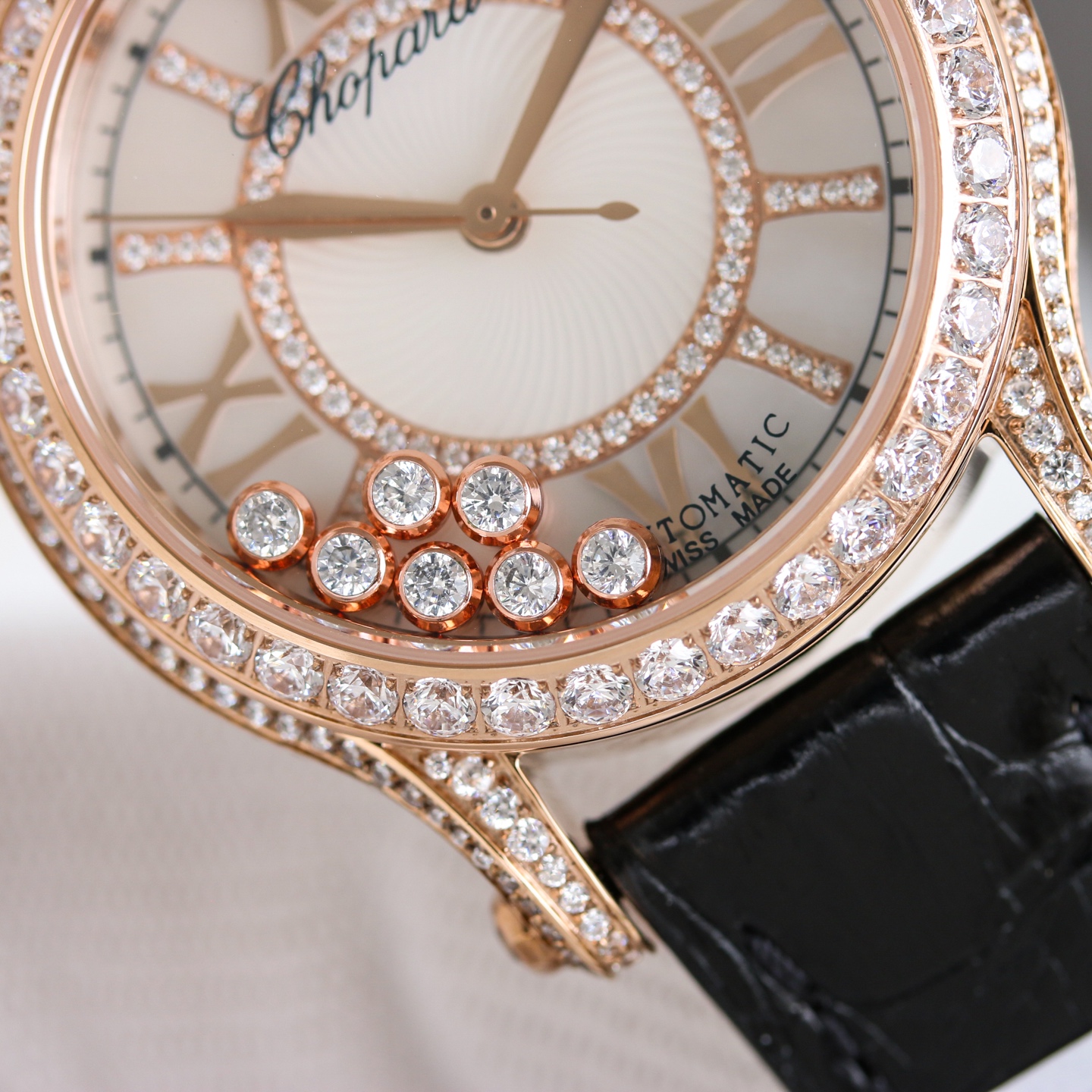Chopard Happy Sport 274891-5009 rose gold case and diamond bezel, white dial, black leather strap 36mm Women's Automatic