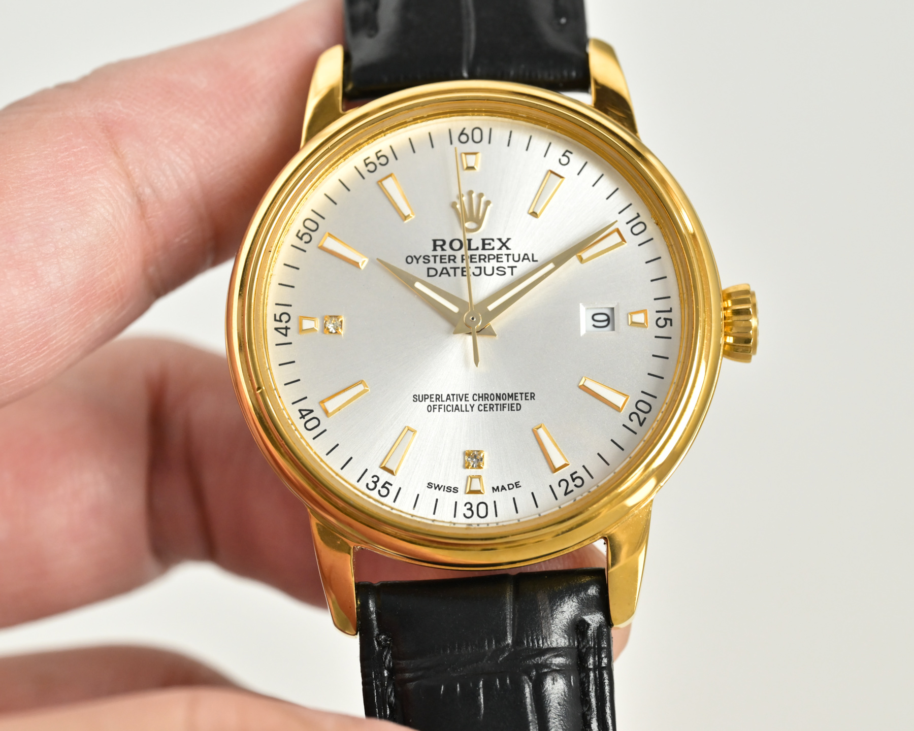 Rolex Datejust Yellow gold case, white dial, black leather strap 36mm Men's Automatic