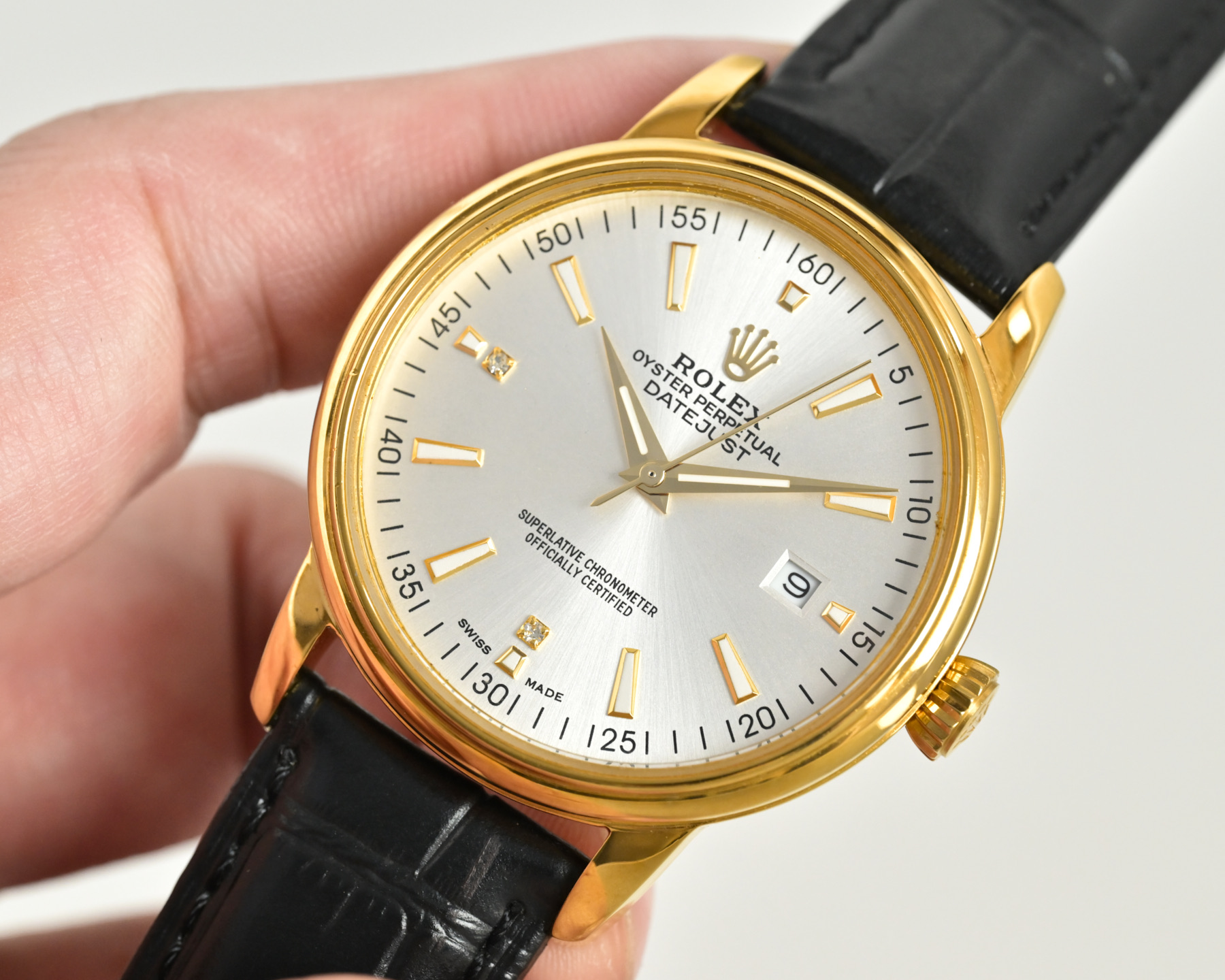 Rolex Datejust Yellow gold case, white dial, black leather strap 36mm Men's Automatic