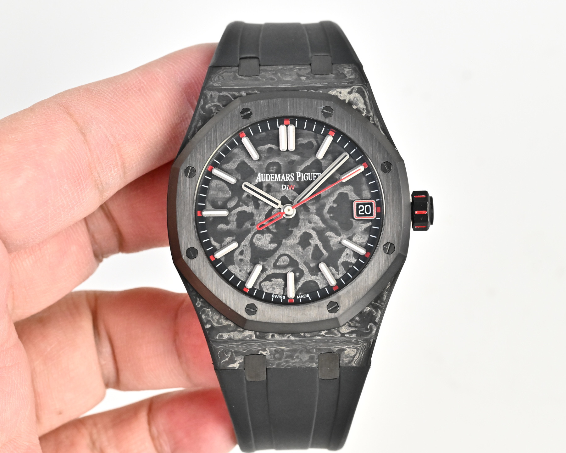 Audemars Piguet Royal Oak 15500 DiW NTPT black carbon bezel and case, grey camo dial, black rubber strap, orange accents 41mm Men's Automatic