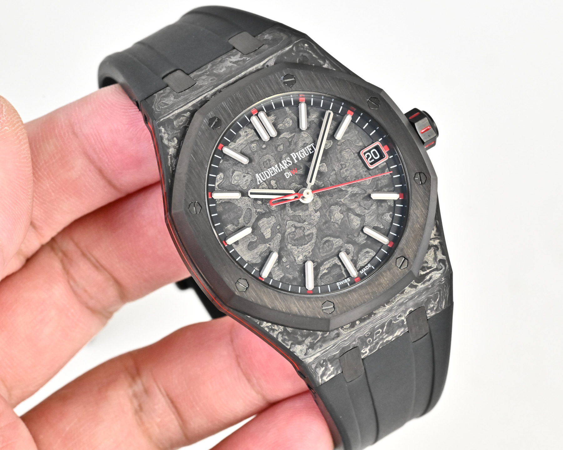 Audemars Piguet Royal Oak 15500 DiW NTPT black carbon bezel and case, grey camo dial, black rubber strap, orange accents 41mm Men's Automatic
