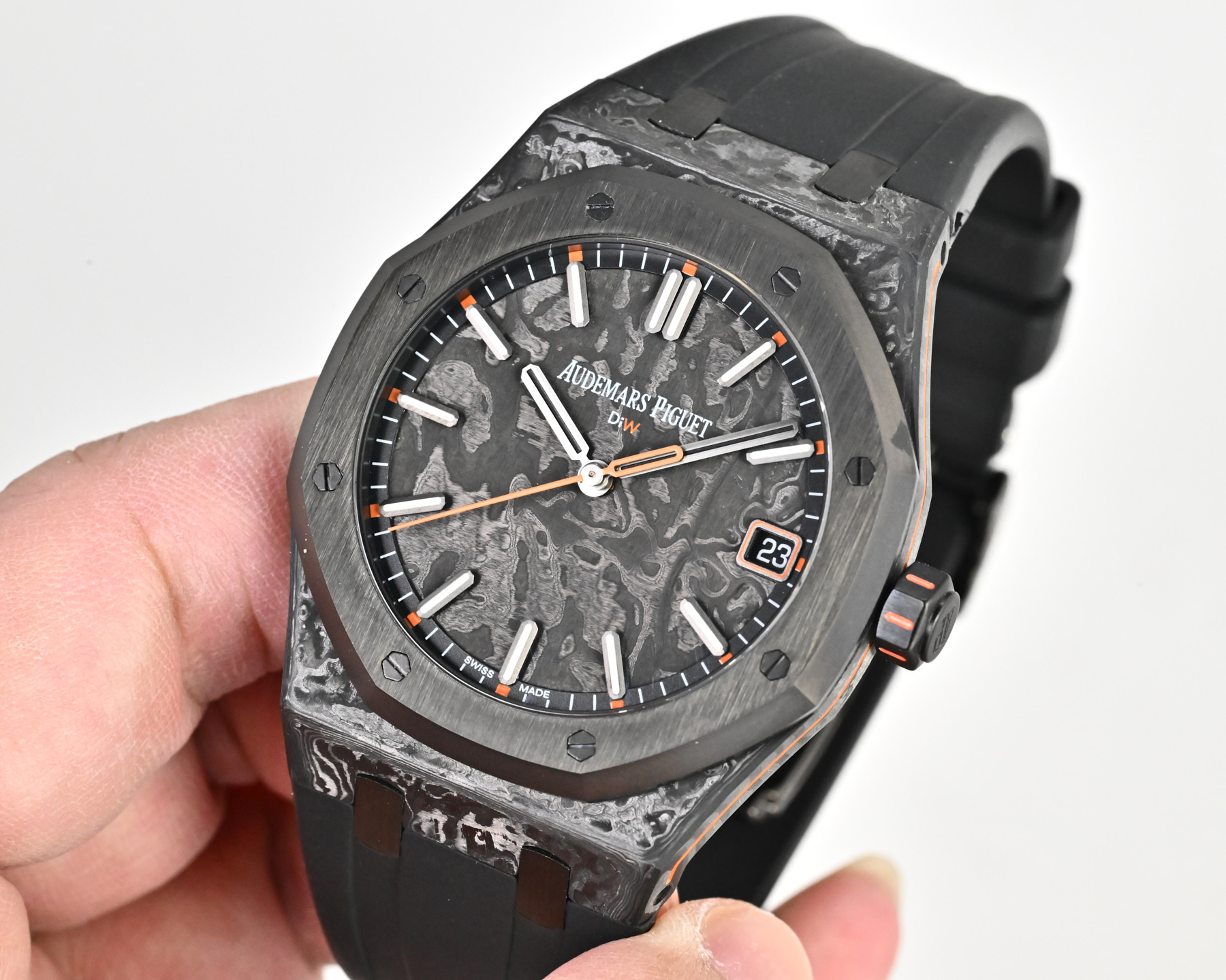 Audemars Piguet Royal Oak 15500 DiW NTPT black carbon bezel and case, grey camo dial, black rubber strap, orange accents 41mm Men's Automatic