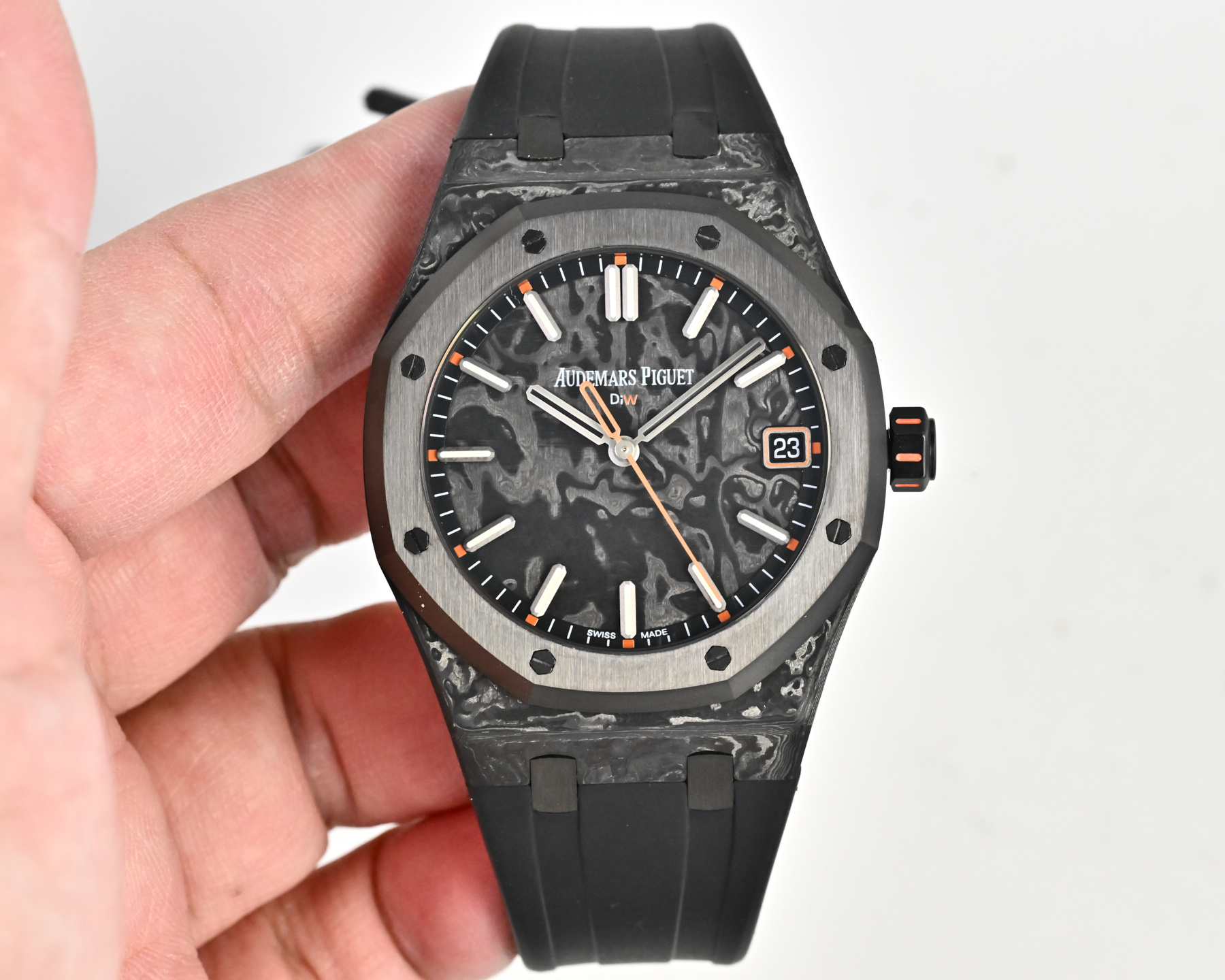Audemars Piguet Royal Oak 15500 DiW NTPT black carbon bezel and case grey camo dial black rubber strap orange accents 41mm Men s Automatic | BUY WATCHES USA luxury watches