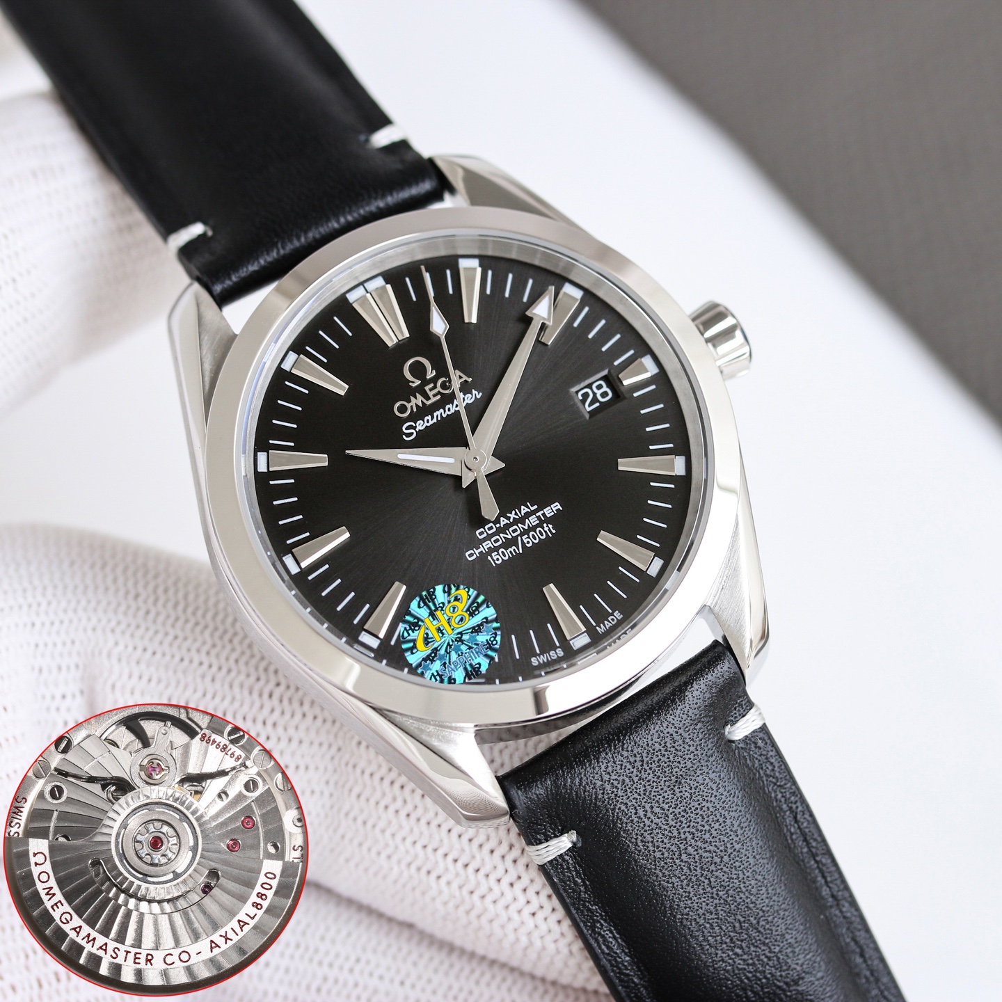Omega Seamaster Aqua Terra stainless steel case, smooth steel bezel, black dial, black leather strap 39mm Men's Automatic