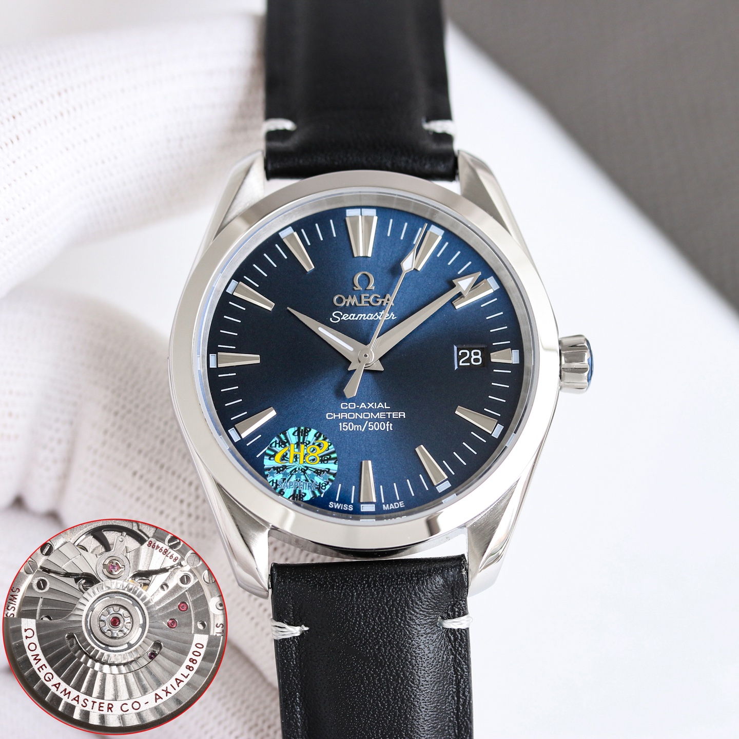 Omega Seamaster Aqua Terra stainless steel case, smooth steel bezel, black dial, black leather strap 39mm Men's Automatic