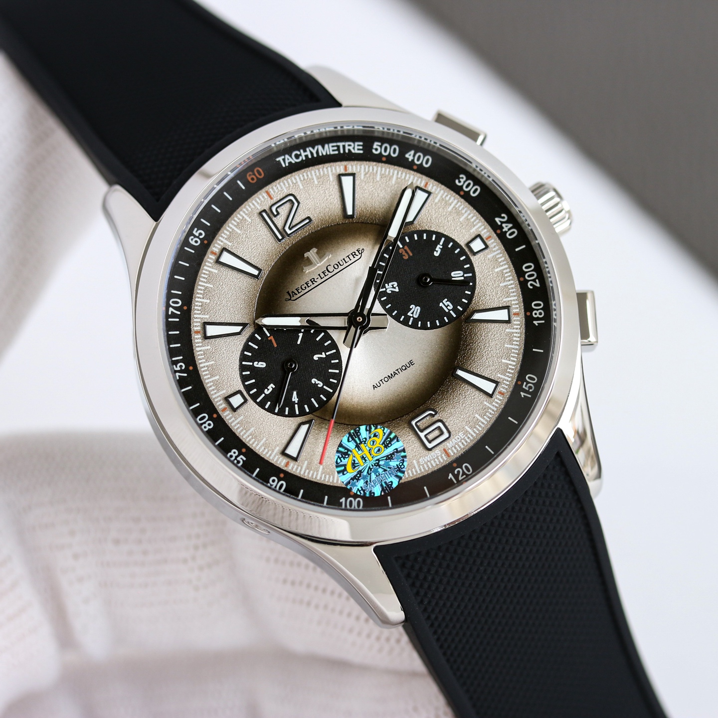 Jaeger-LeCoultre Master Compressor Chronograph steel case, black tachymeter bezel, taupe dial, black rubber strap 46mm Men's Automatic