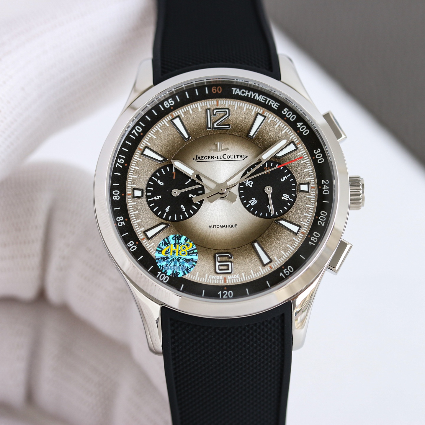 Jaeger-LeCoultre Master Compressor Chronograph steel case, black tachymeter bezel, taupe dial, black rubber strap 46mm Men's Automatic