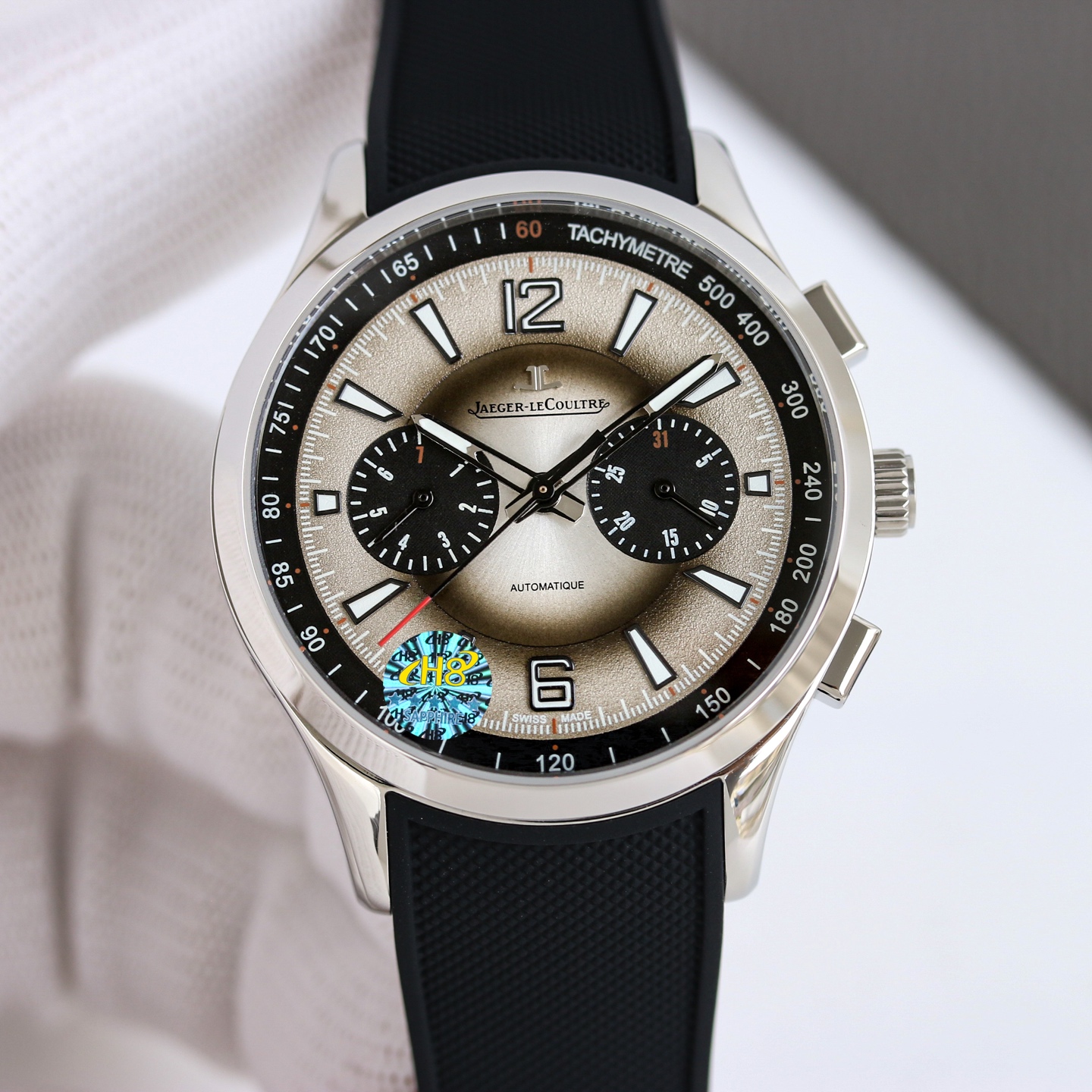 Jaeger-LeCoultre Master Compressor Chronograph steel case, black tachymeter bezel, taupe dial, black rubber strap 46mm Men's Automatic