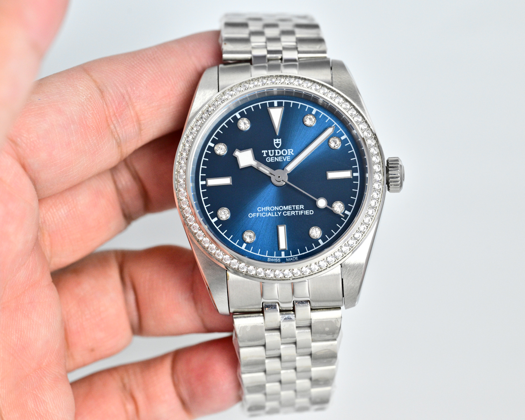 Tudor 1926 silver case, diamond bezel, white dial, silver bracelet 39mm Men's Automatic