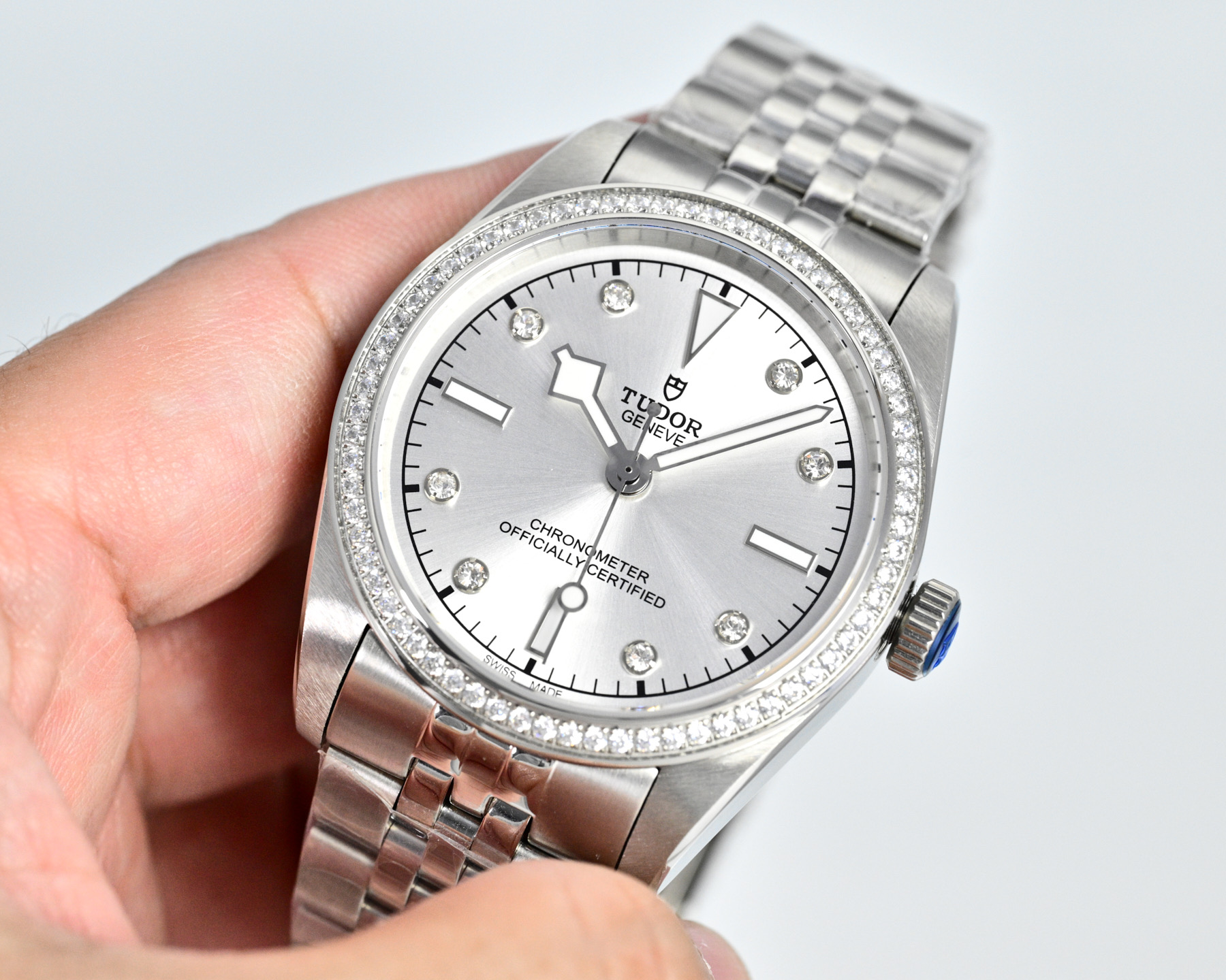 Tudor 1926 silver case, diamond bezel, white dial, silver bracelet 39mm Men's Automatic