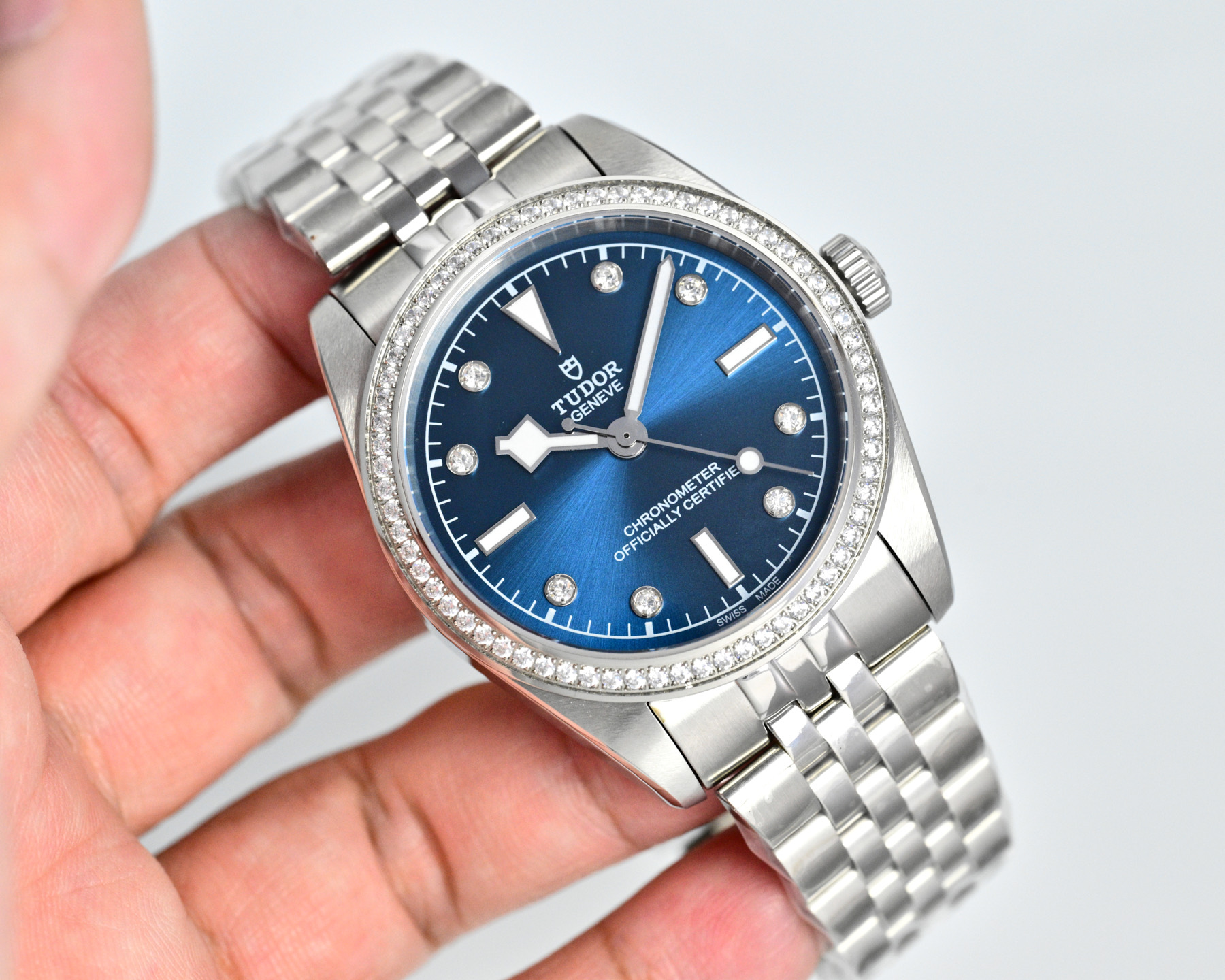 Tudor 1926 silver case, diamond bezel, white dial, silver bracelet 39mm Men's Automatic