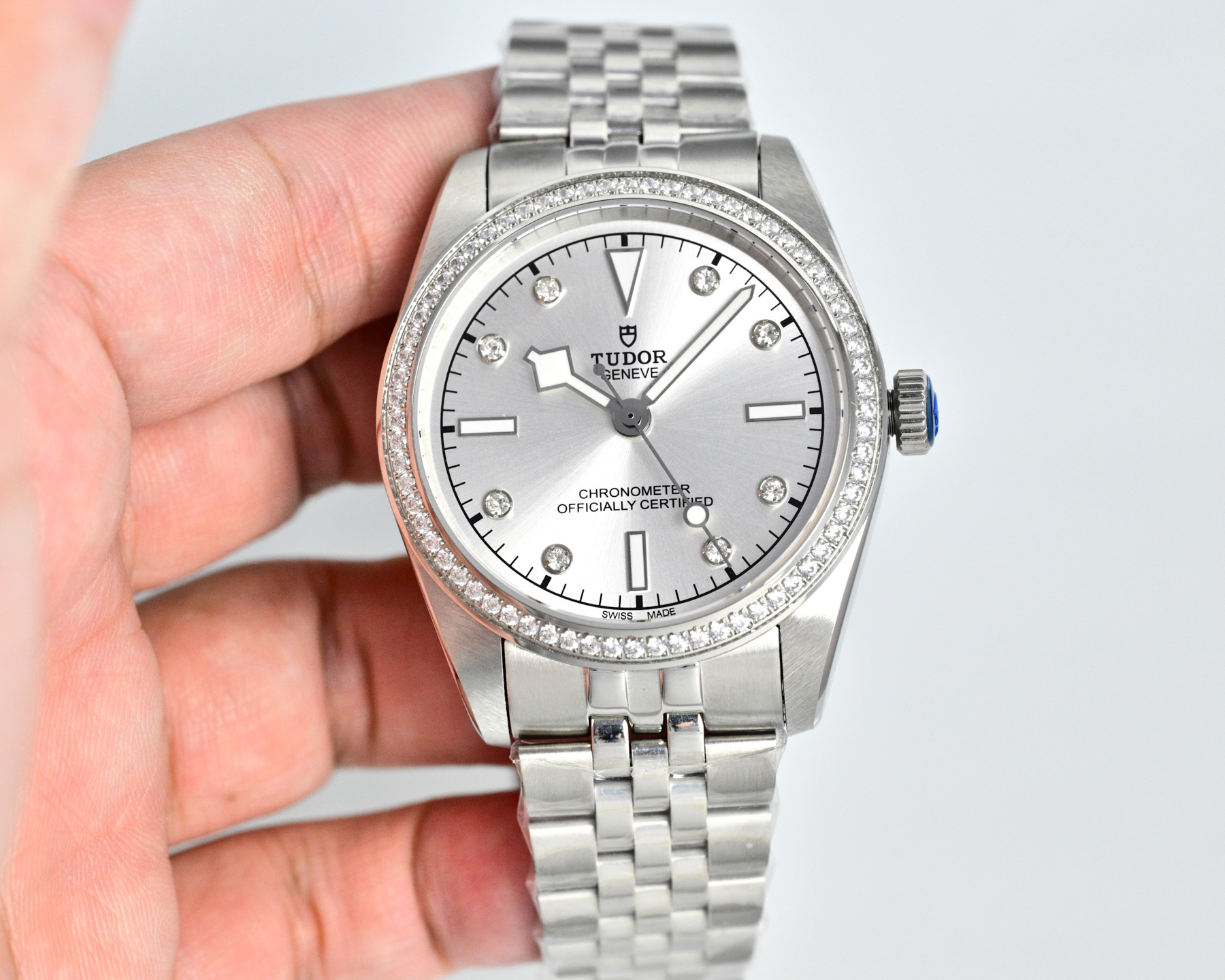 Tudor 1926 silver case, diamond bezel, white dial, silver bracelet 39mm Men's Automatic