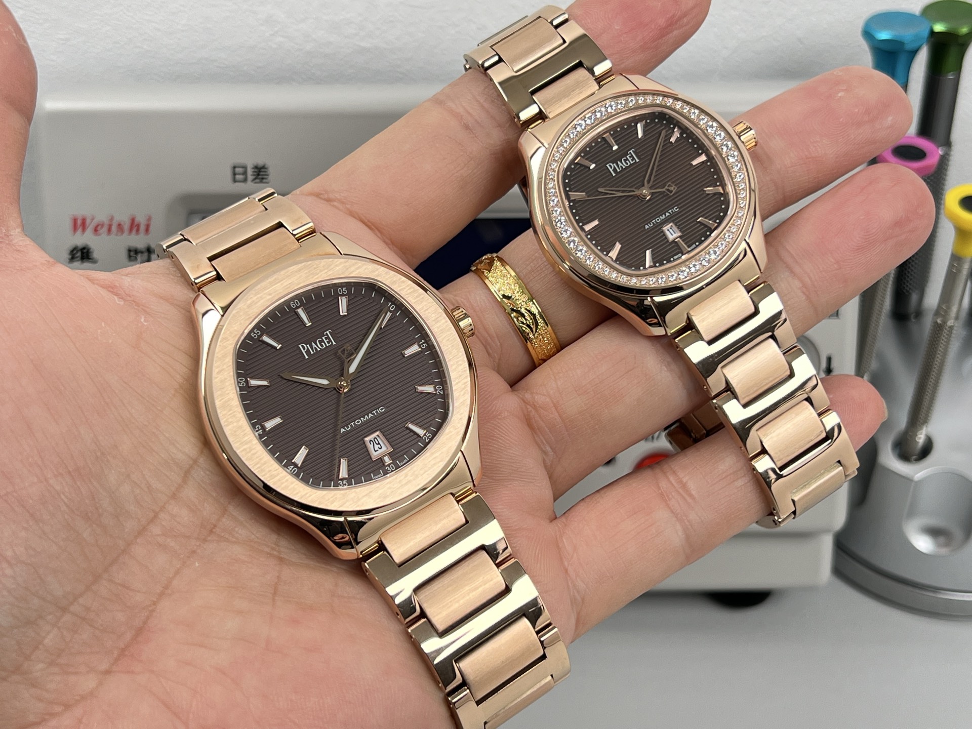 Piaget Polo Date rose gold case and bracelet, brown dial, diamond bezel 36mm Women's Automatic