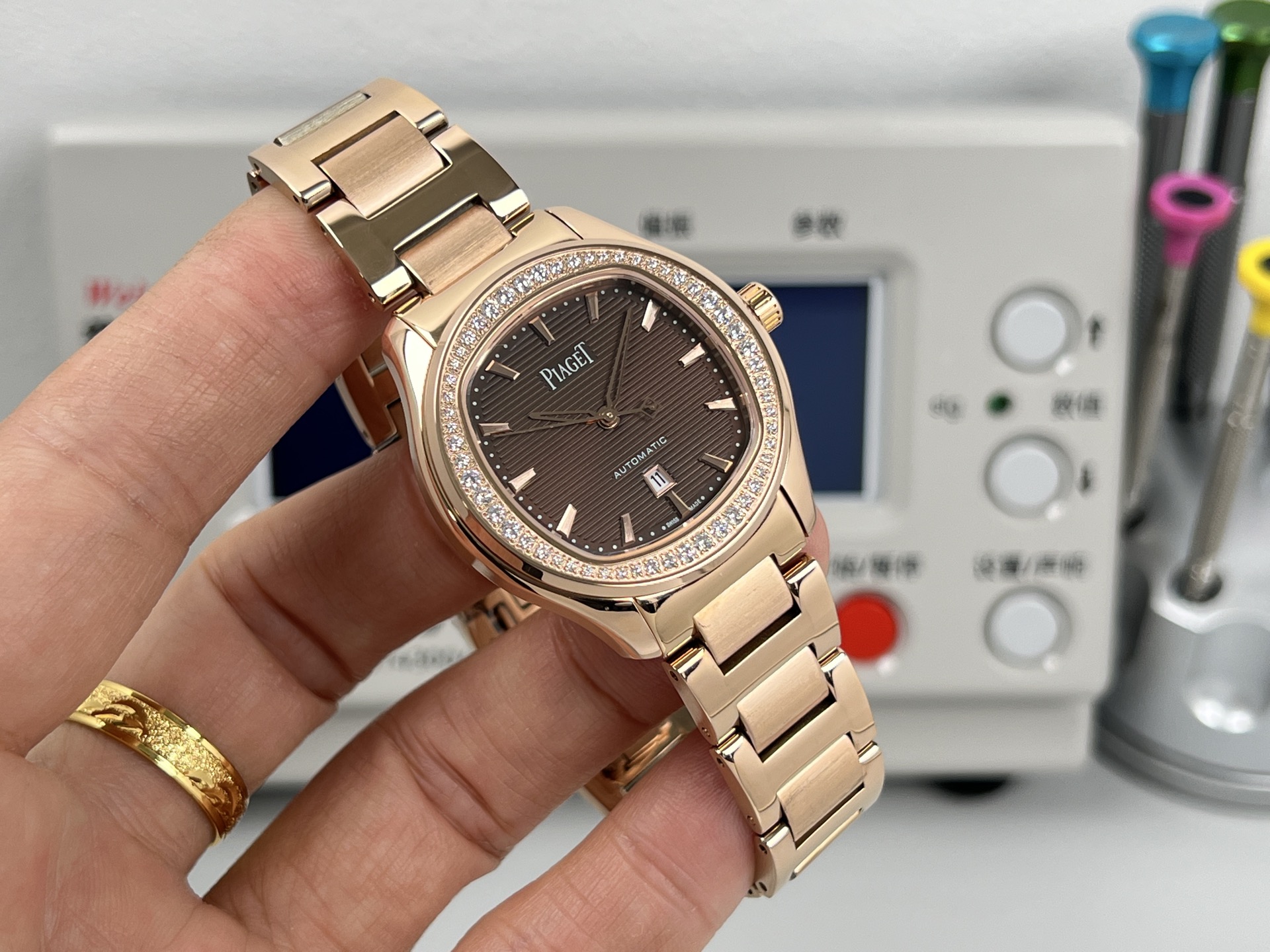 Piaget Polo Date rose gold case and bracelet, brown dial, diamond bezel 36mm Women's Automatic