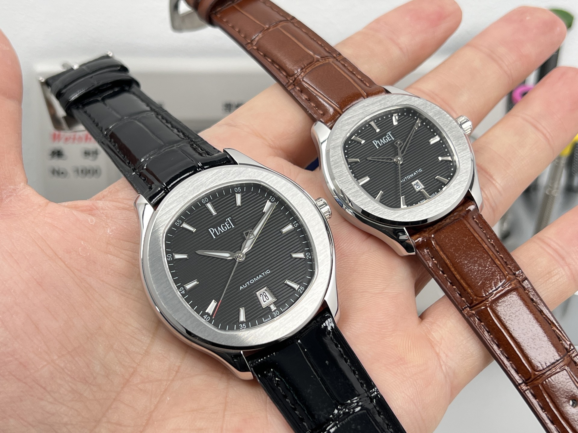 Piaget Polo Date stainless steel case and bezel, black dial, brown leather strap 36mm Unisex Automatic