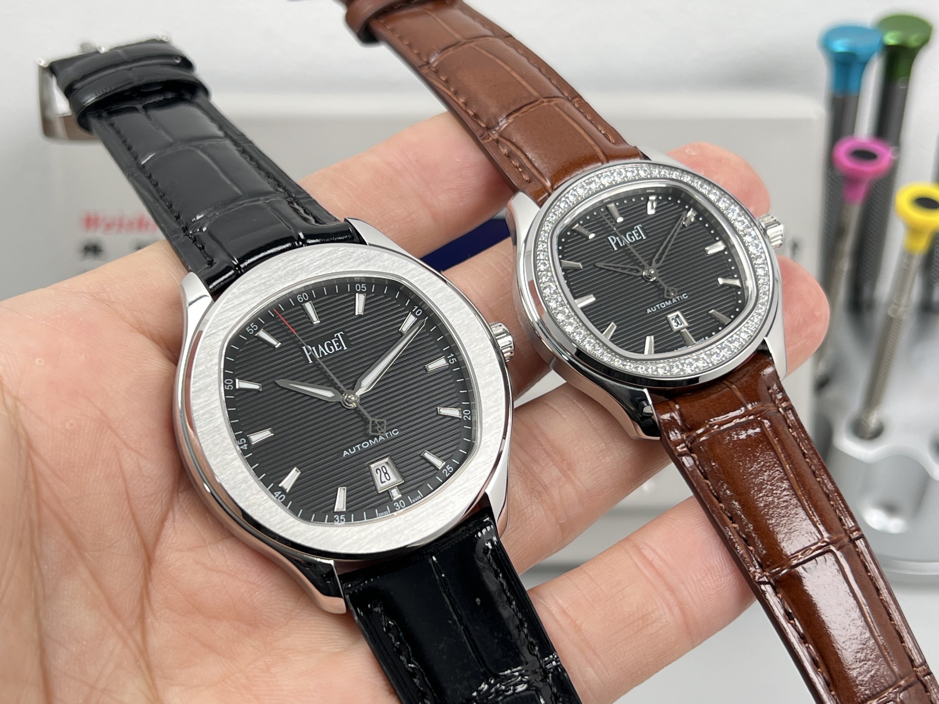 Piaget Polo Date stainless steel case and bezel, black dial, brown leather strap 36mm Unisex Automatic