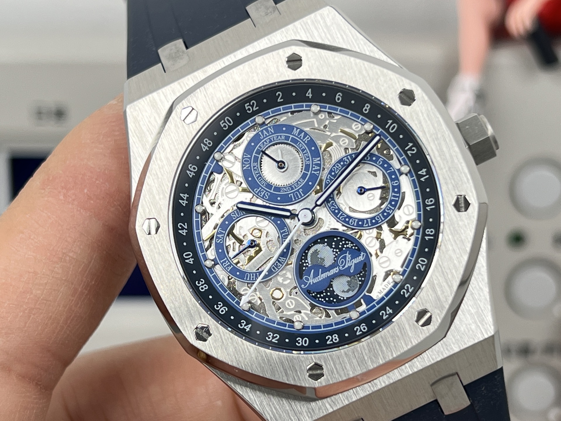 Audemars Piguet Royal Oak Perpetual Calendar Openworked 26574ST stainless steel case and bezel, blue skeleton dial, blue rubber strap 41mm Men's Automatic