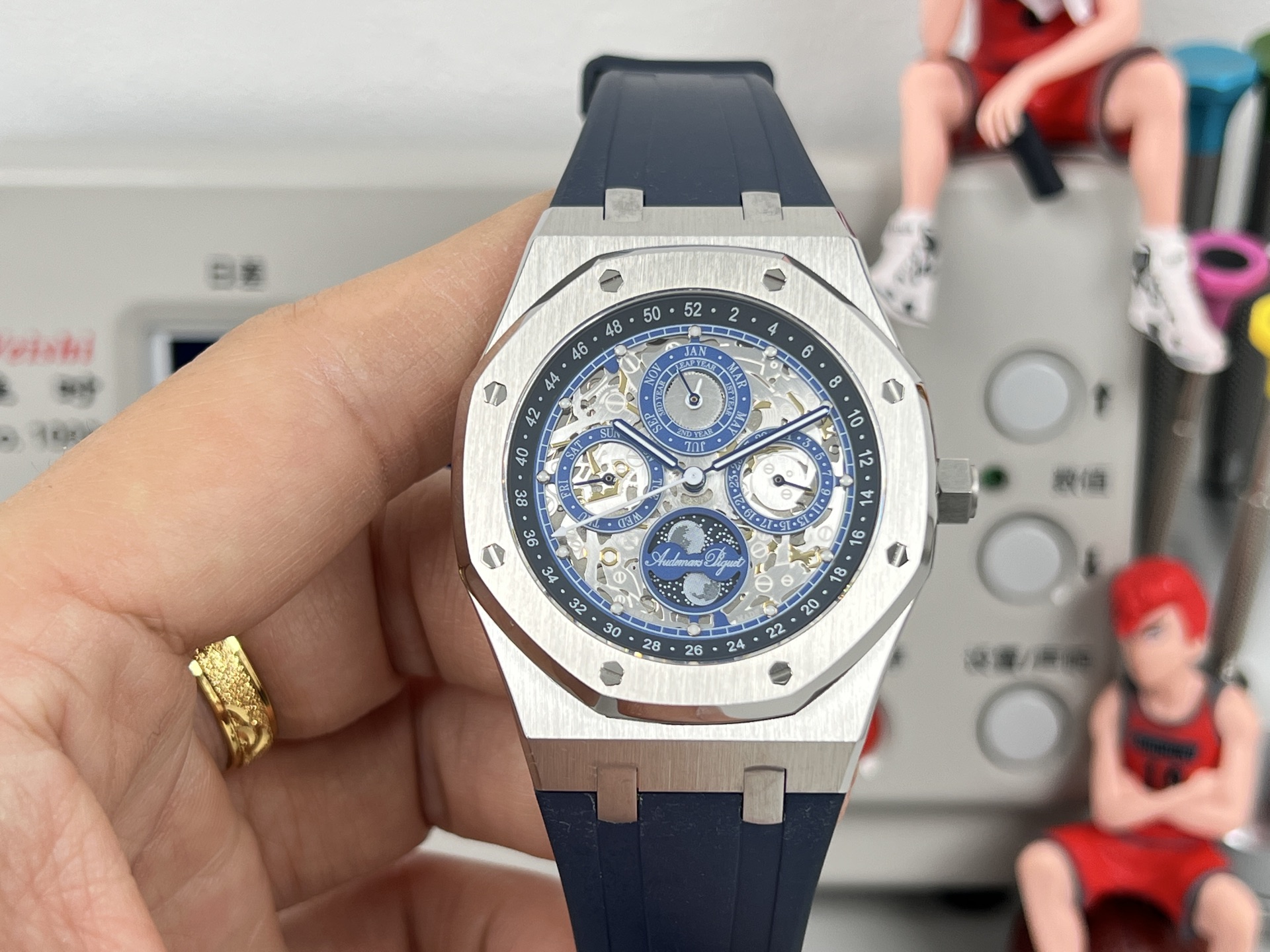 Audemars Piguet Royal Oak Perpetual Calendar Openworked 26574ST stainless steel case and bezel blue skeleton dial blue rubber strap 41mm Men s Automatic | BUY WATCHES USA...