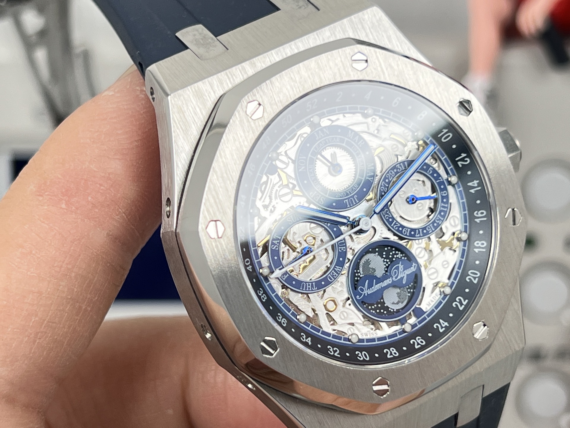 Audemars Piguet Royal Oak Perpetual Calendar Openworked 26574ST stainless steel case and bezel, blue skeleton dial, blue rubber strap 41mm Men's Automatic