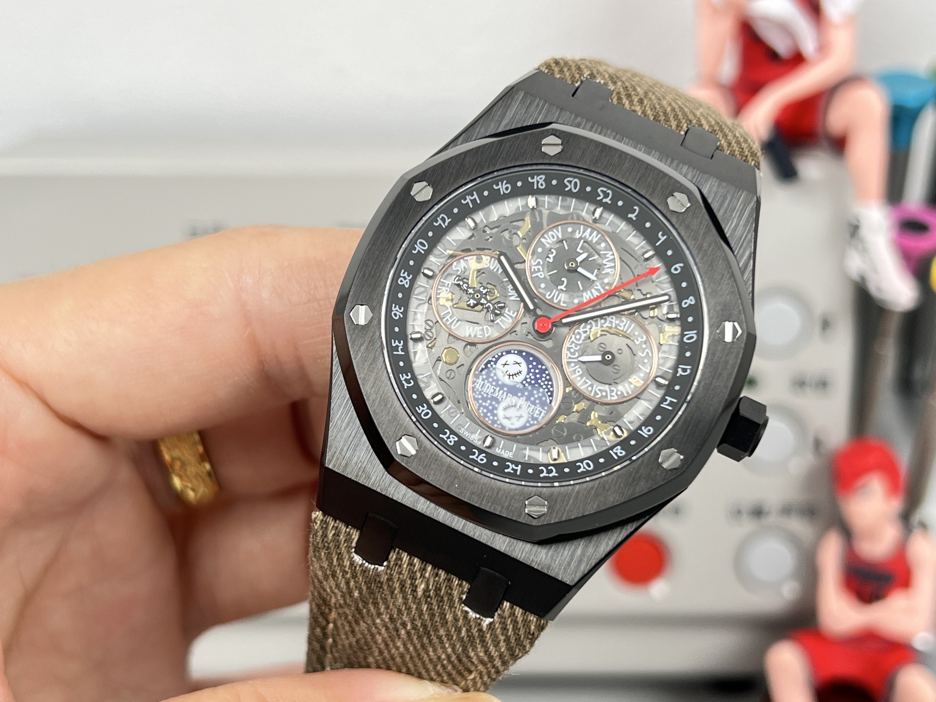 Audemars Piguet Royal Oak Perpetual Calendar Openworked 26585CM.OO.D301VE.01 brown ceramic case, brown bezel, skeleton dial, beige textile strap 41mm Men's Automatic