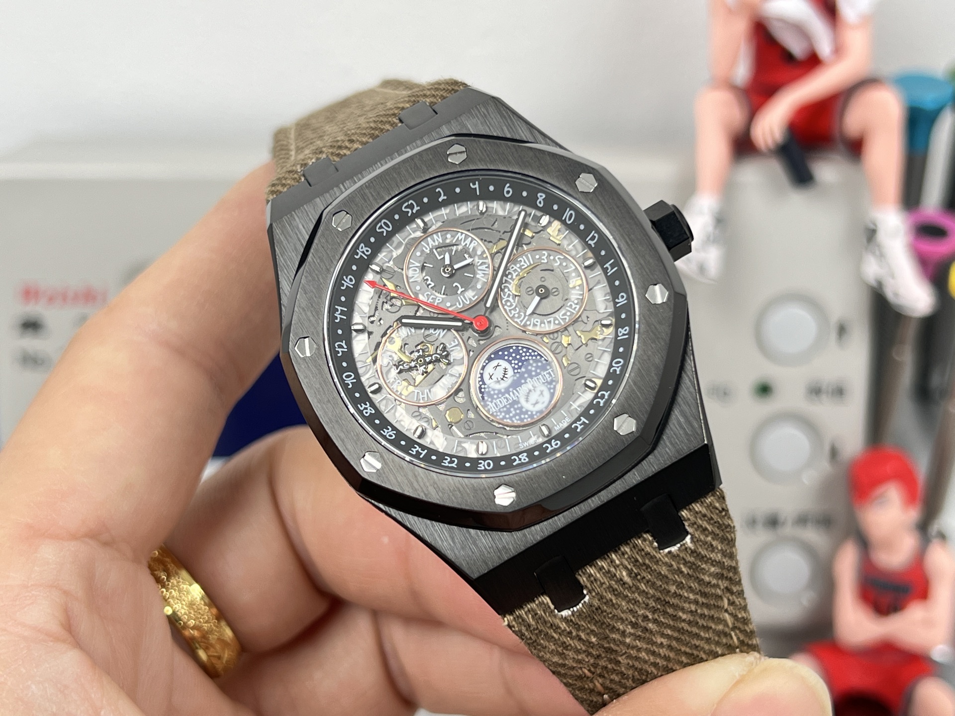 Audemars Piguet Royal Oak Perpetual Calendar Openworked 26585CM.OO.D301VE.01 brown ceramic case, brown bezel, skeleton dial, beige textile strap 41mm Men's Automatic