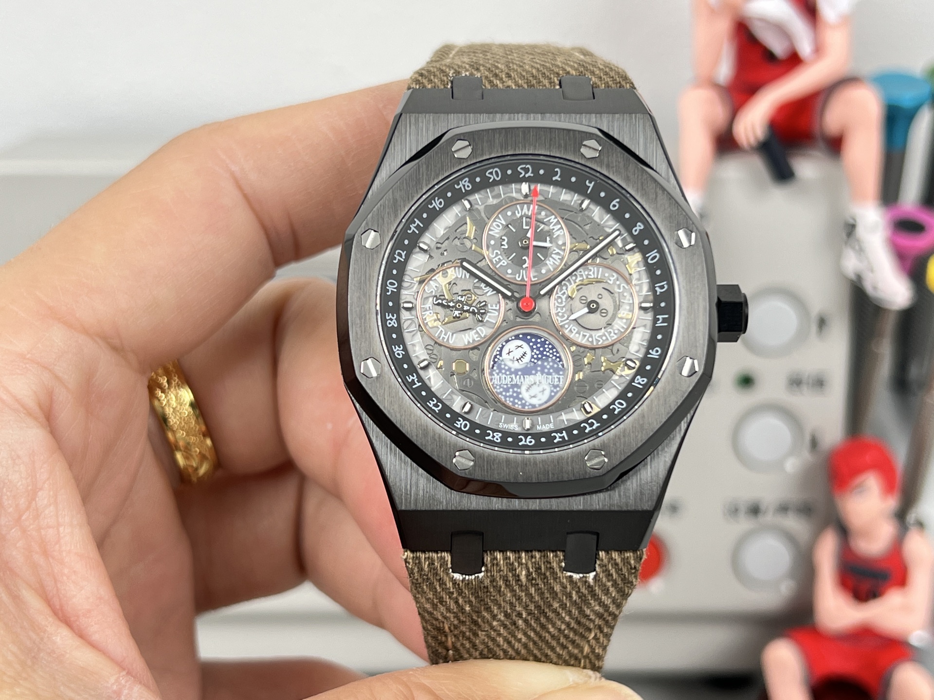 Audemars Piguet Royal Oak Perpetual Calendar Openworked 26585CM.OO.D301VE.01 brown ceramic case, brown bezel, skeleton dial, beige textile strap 41mm Men's Automatic