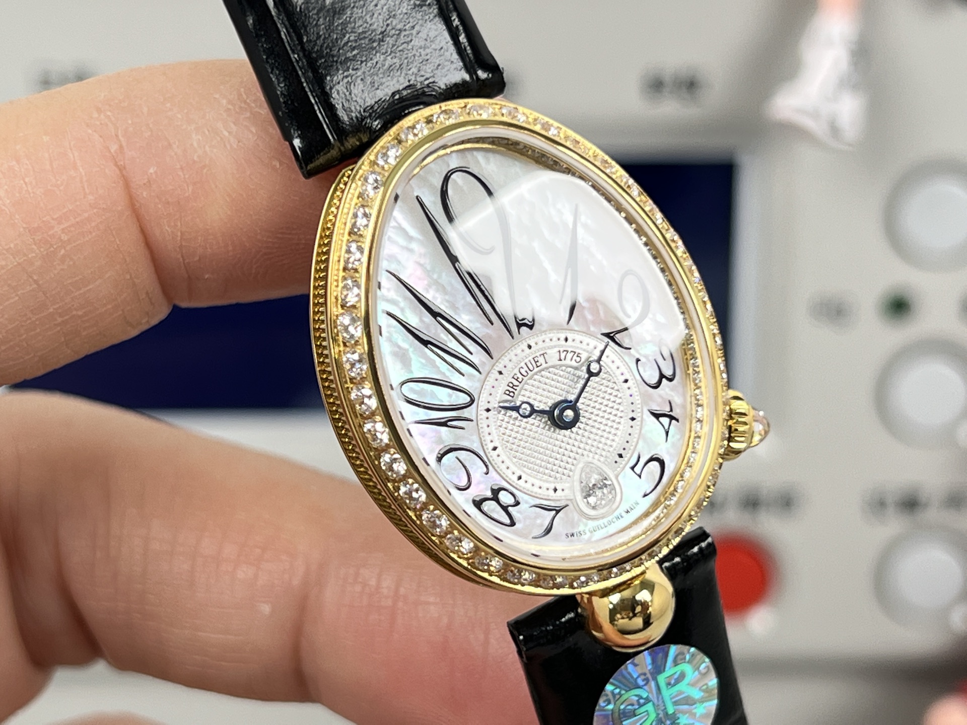 Breguet Reine de Naples yellow gold case, diamond bezel, white dial, black leather strap 29mm Women's Automatic