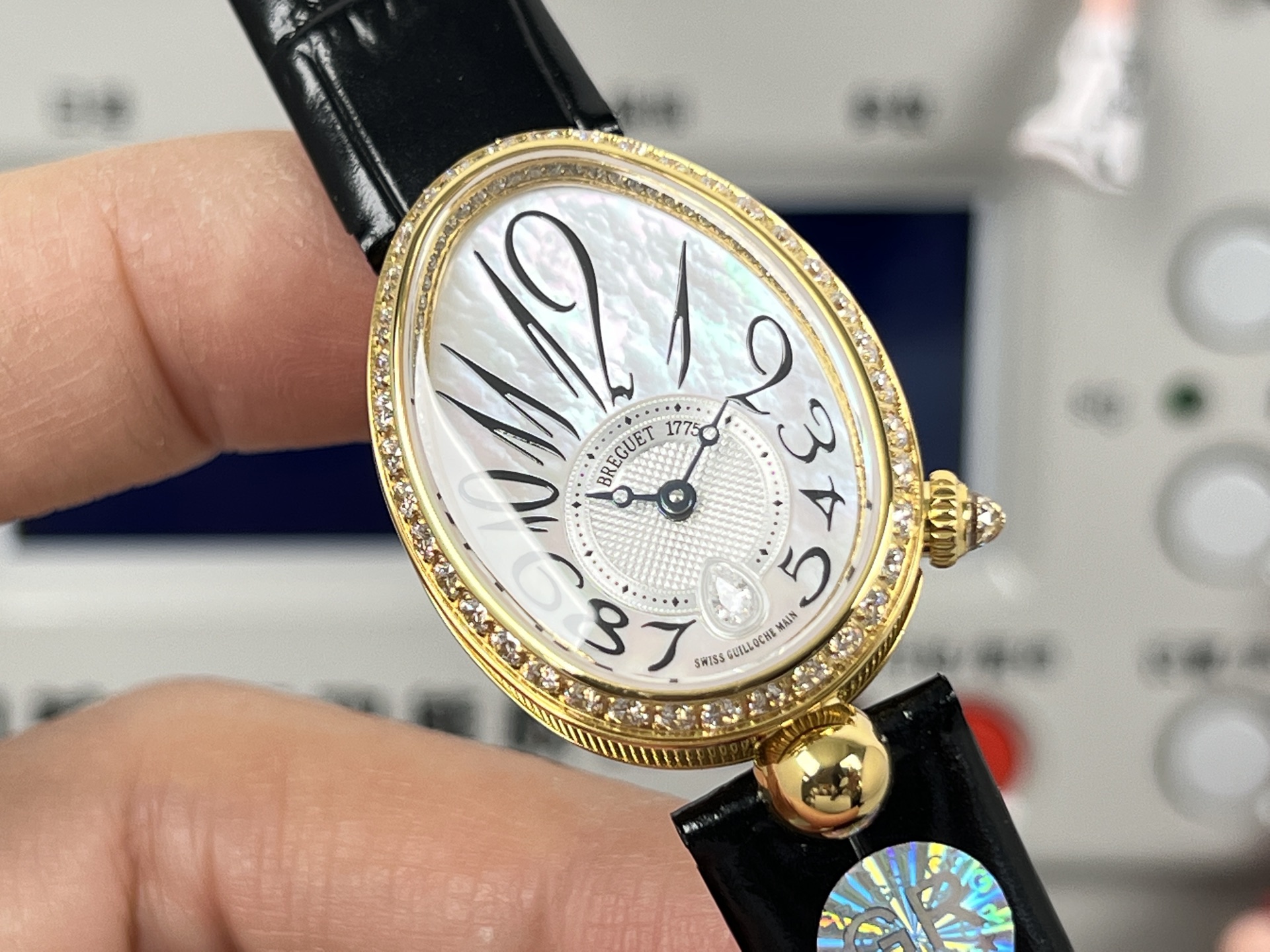 Breguet Reine de Naples yellow gold case, diamond bezel, white dial, black leather strap 29mm Women's Automatic