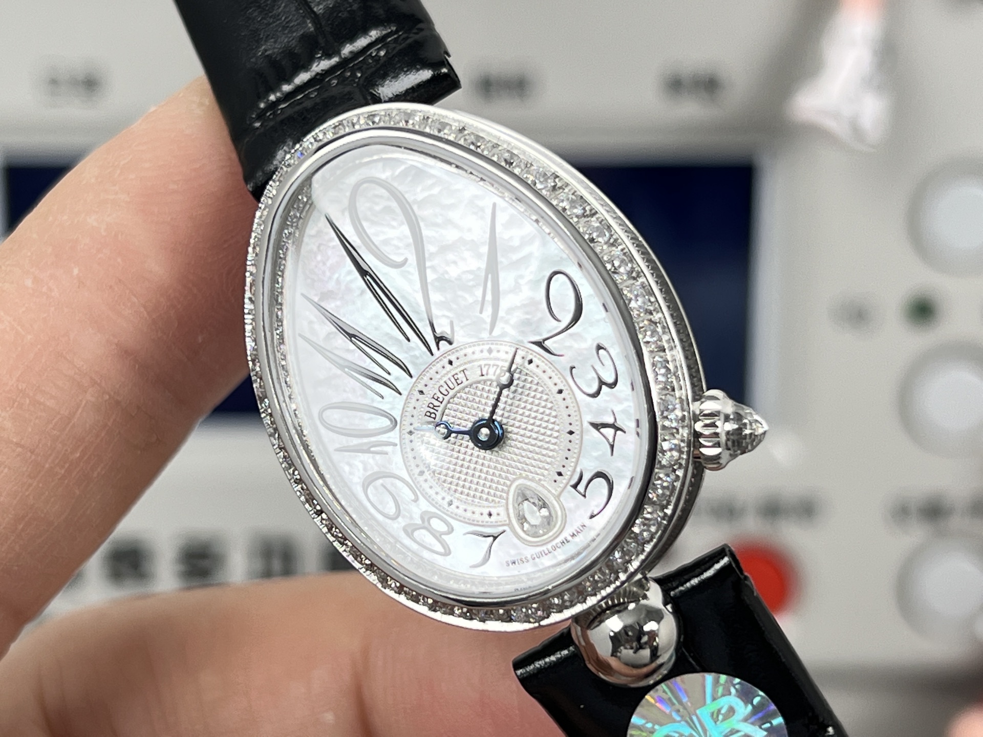 Breguet Reine de Naples silver diamond-set case and bezel, white dial, black leather strap 33mm Women's Automatic
