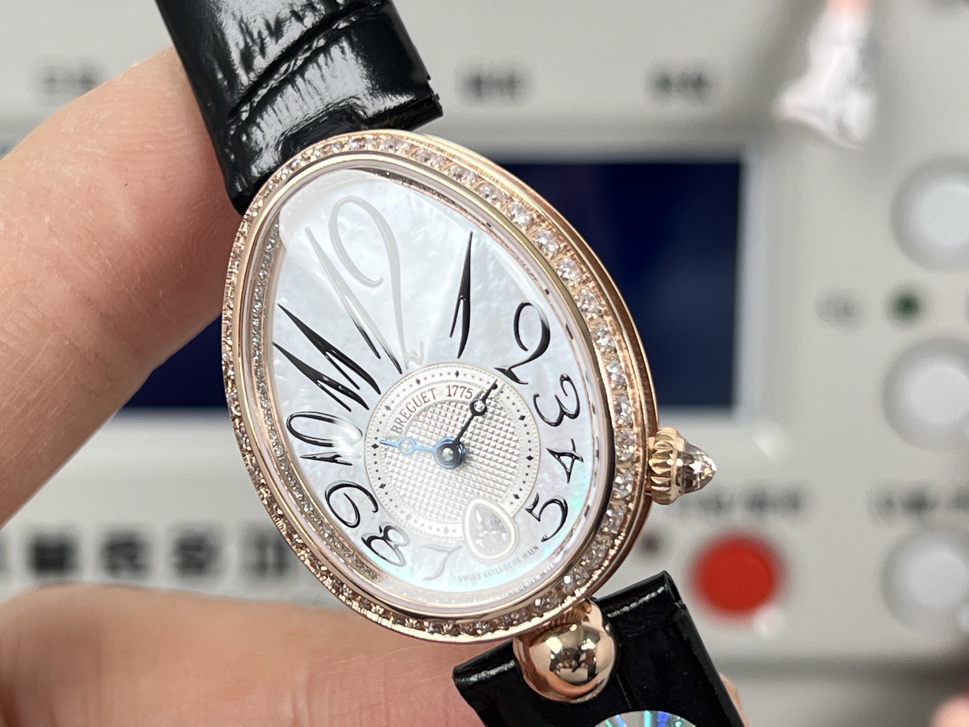 Breguet Reine de Naples rose gold case, diamond bezel, silver dial, black leather strap 33mm Women's Automatic