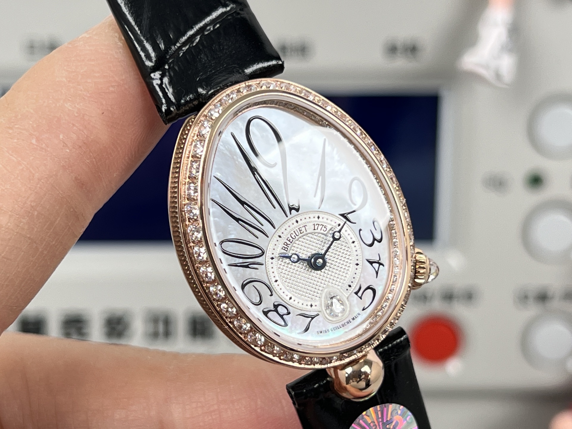 Breguet Reine de Naples rose gold case, diamond bezel, silver dial, black leather strap 33mm Women's Automatic