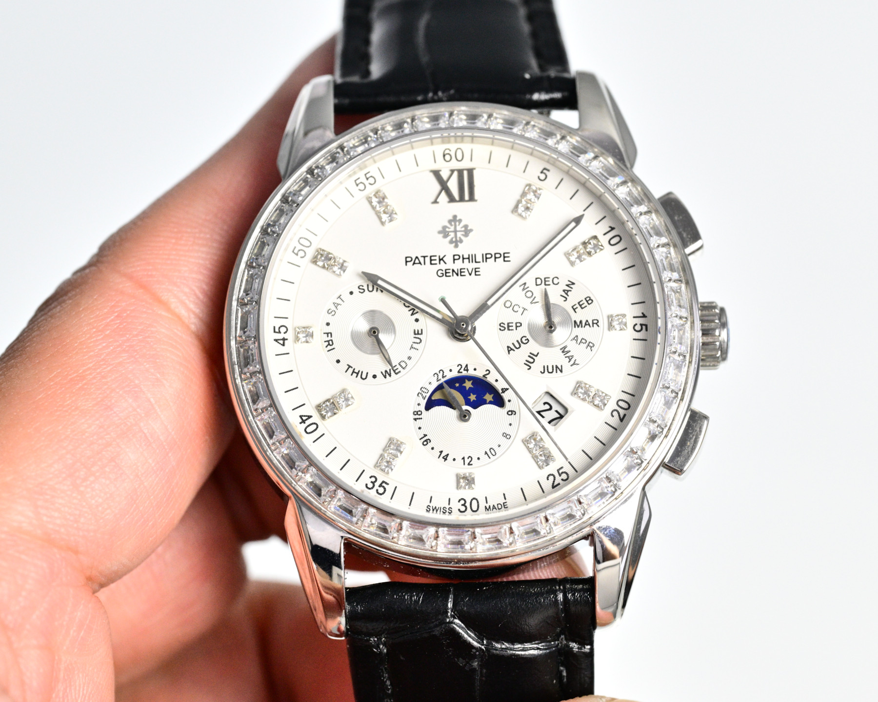 Patek Philippe Grand Complications Annual Calendar Chronograph Moon Phase rose gold case and diamond bezel with black dial and brown leather strap 41mm Men's Automatic