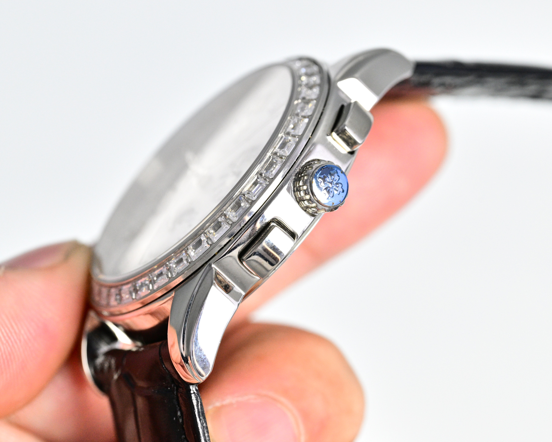 Patek Philippe Grand Complications Annual Calendar Chronograph Moon Phase rose gold case and diamond bezel with black dial and brown leather strap 41mm Men's Automatic