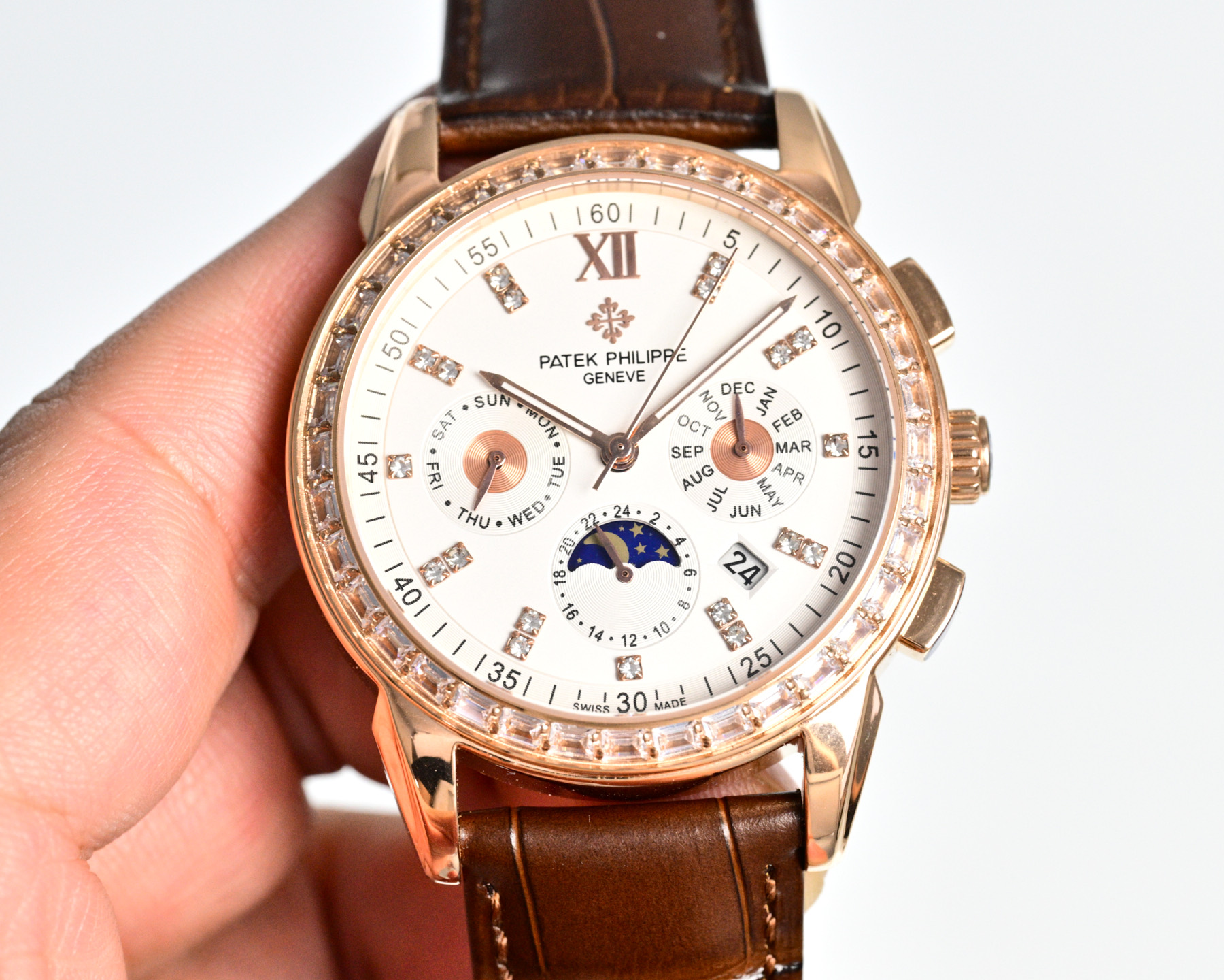 Patek Philippe Grand Complications Annual Calendar Chronograph Moon Phase rose gold case and diamond bezel with black dial and brown leather strap 41mm Men's Automatic