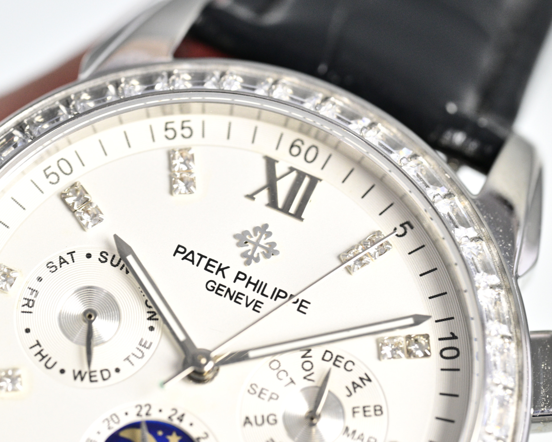 Patek Philippe Grand Complications Annual Calendar Chronograph Moon Phase rose gold case and diamond bezel with black dial and brown leather strap 41mm Men's Automatic