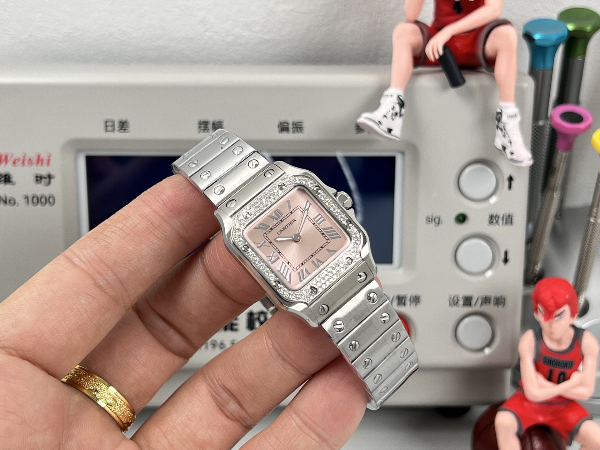 Cartier Santos Demoiselle cassa e bracciale in acciaio inossidabile, lunetta con diamanti, quadrante argentato da 22 mm, quarzo da donna